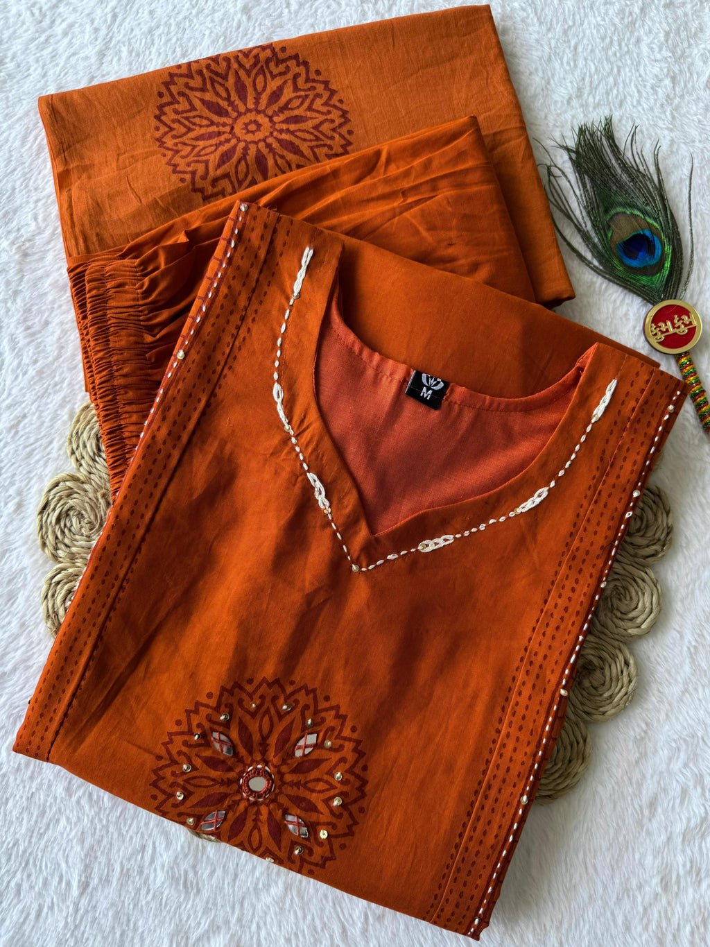 Pure Cotton Mirror Work Kurti-Pant With Dupatt