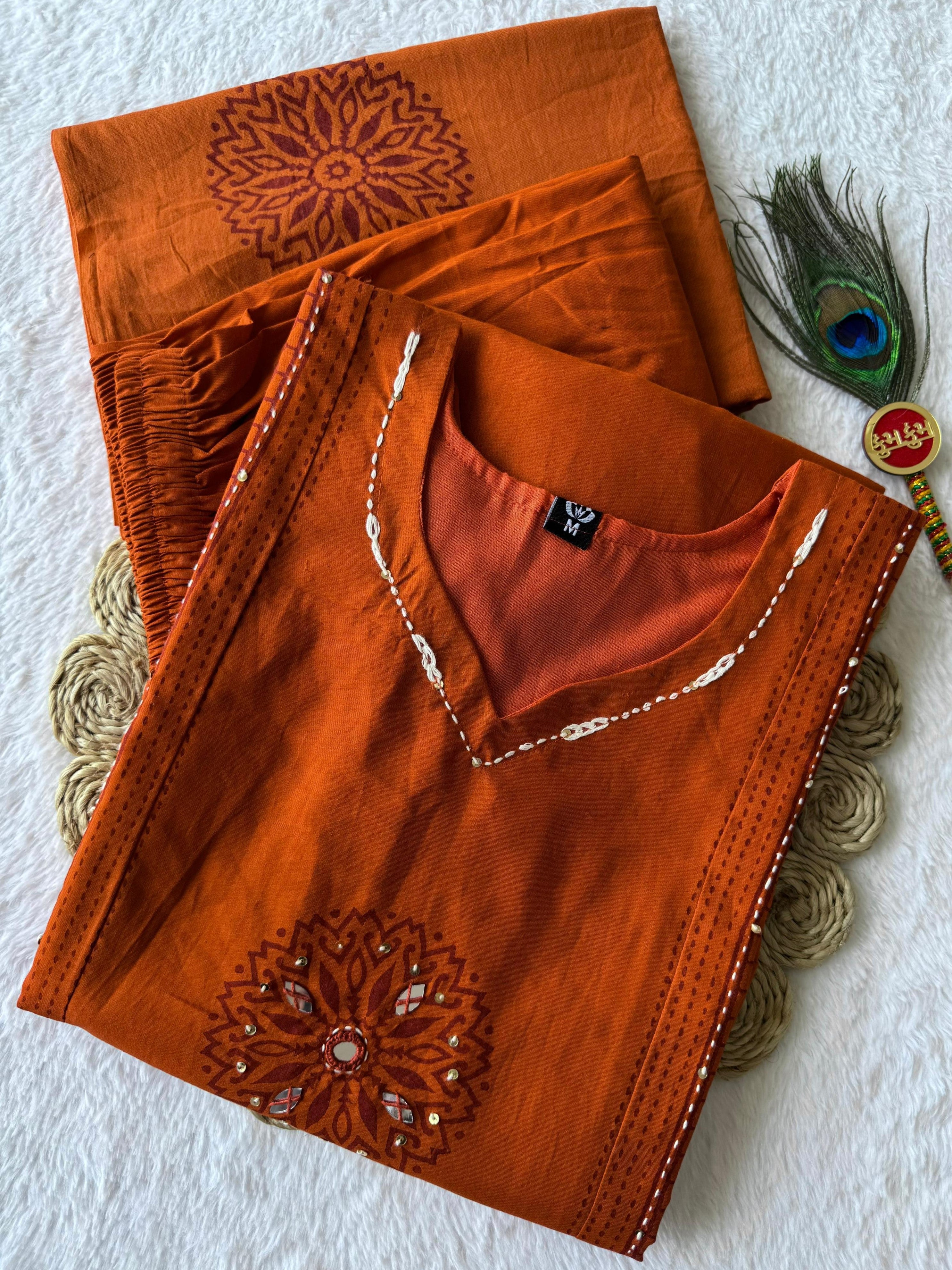 Pure Cotton Mirror Work Kurti-Pant With Dupatt