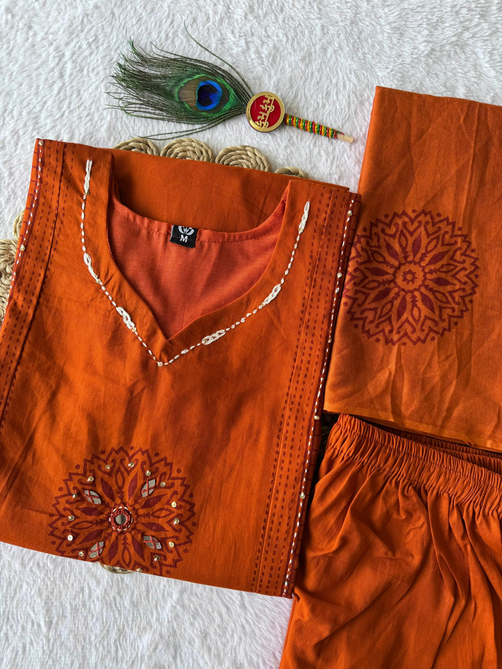 Pure Cotton Mirror Work Kurti-Pant With Dupatt