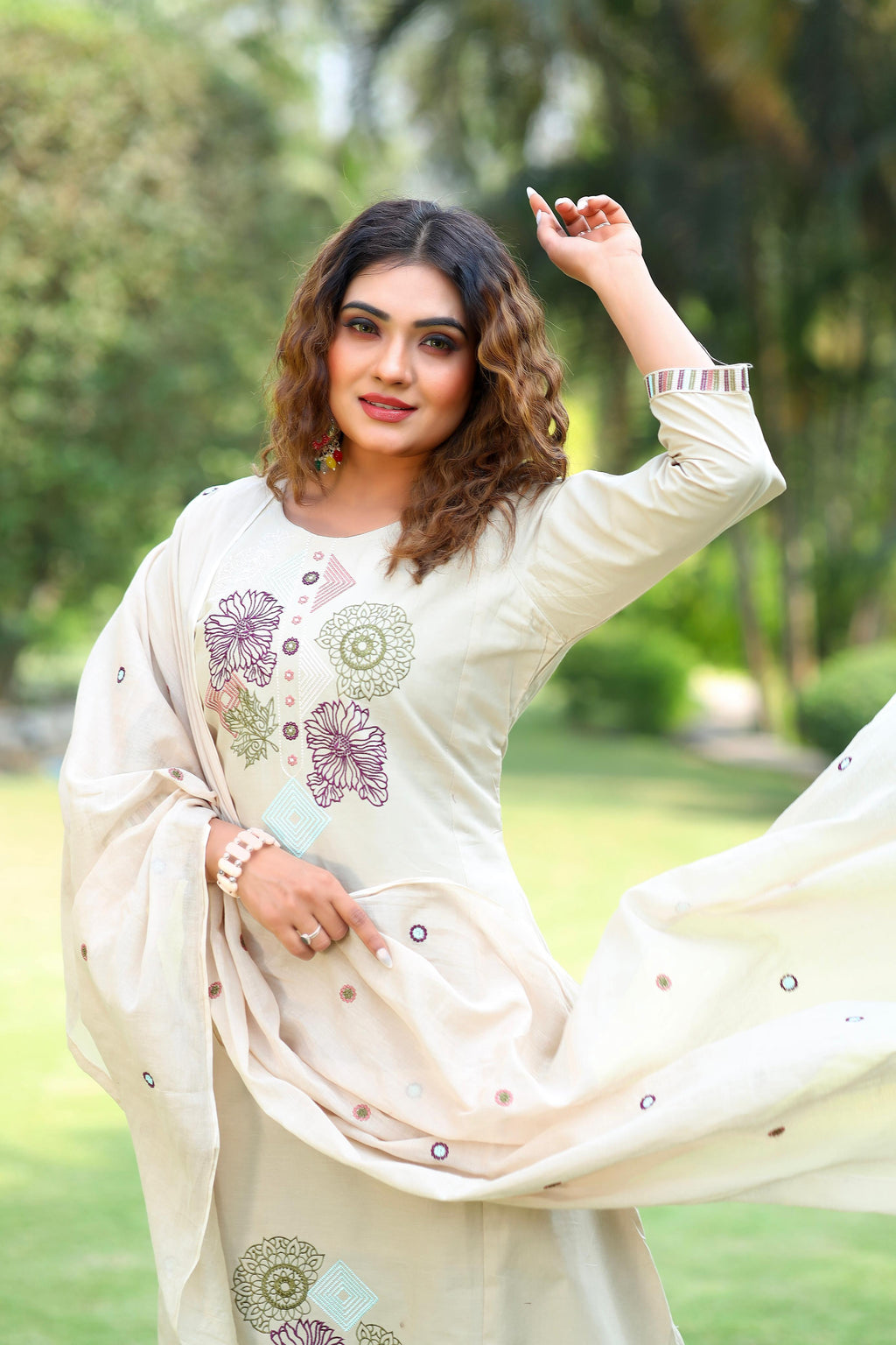 Pure Cotton Mirror Work Kurti-Pant With Dupatta