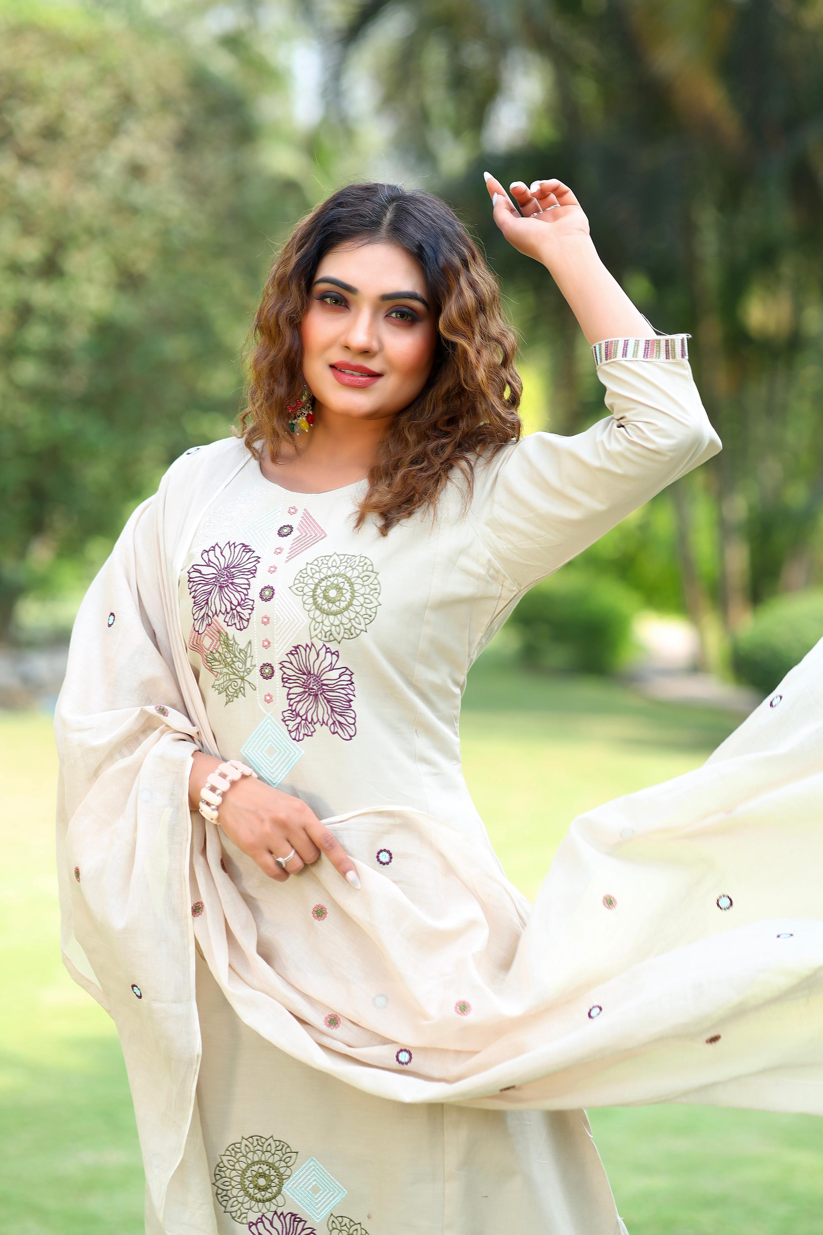 Pure Cotton Mirror Work Kurti-Pant With Dupatta