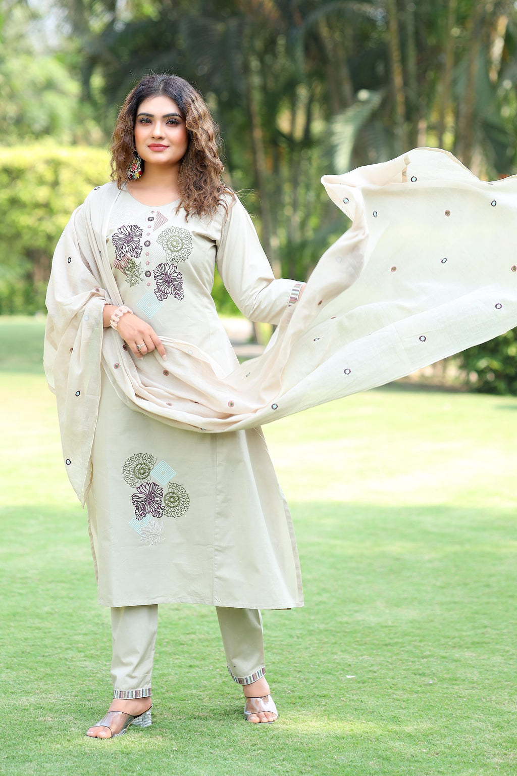 Pure Cotton Mirror Work Kurti-Pant With Dupatta