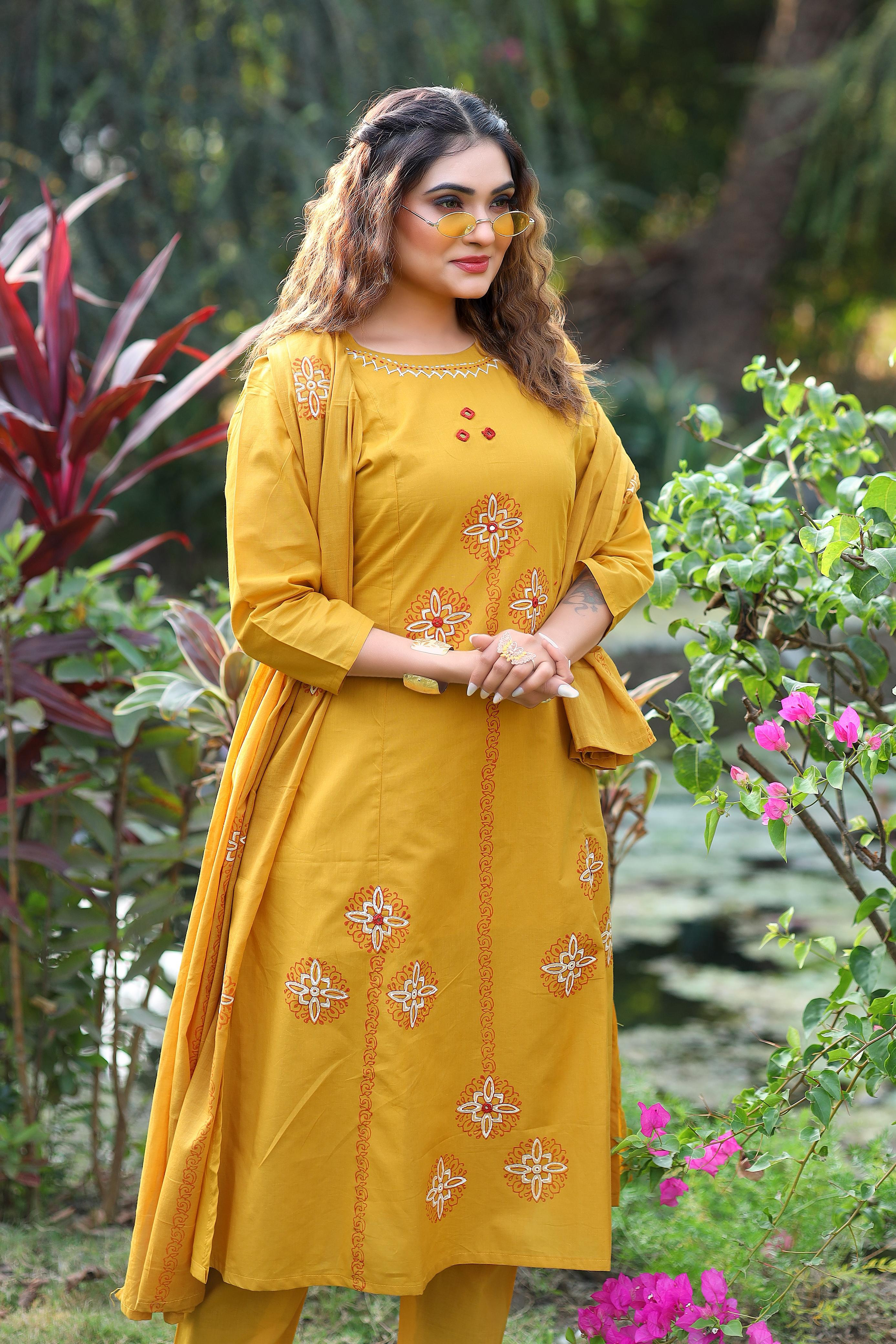 Pure Cotton Hand Work Kurti-Pant With Dupatta