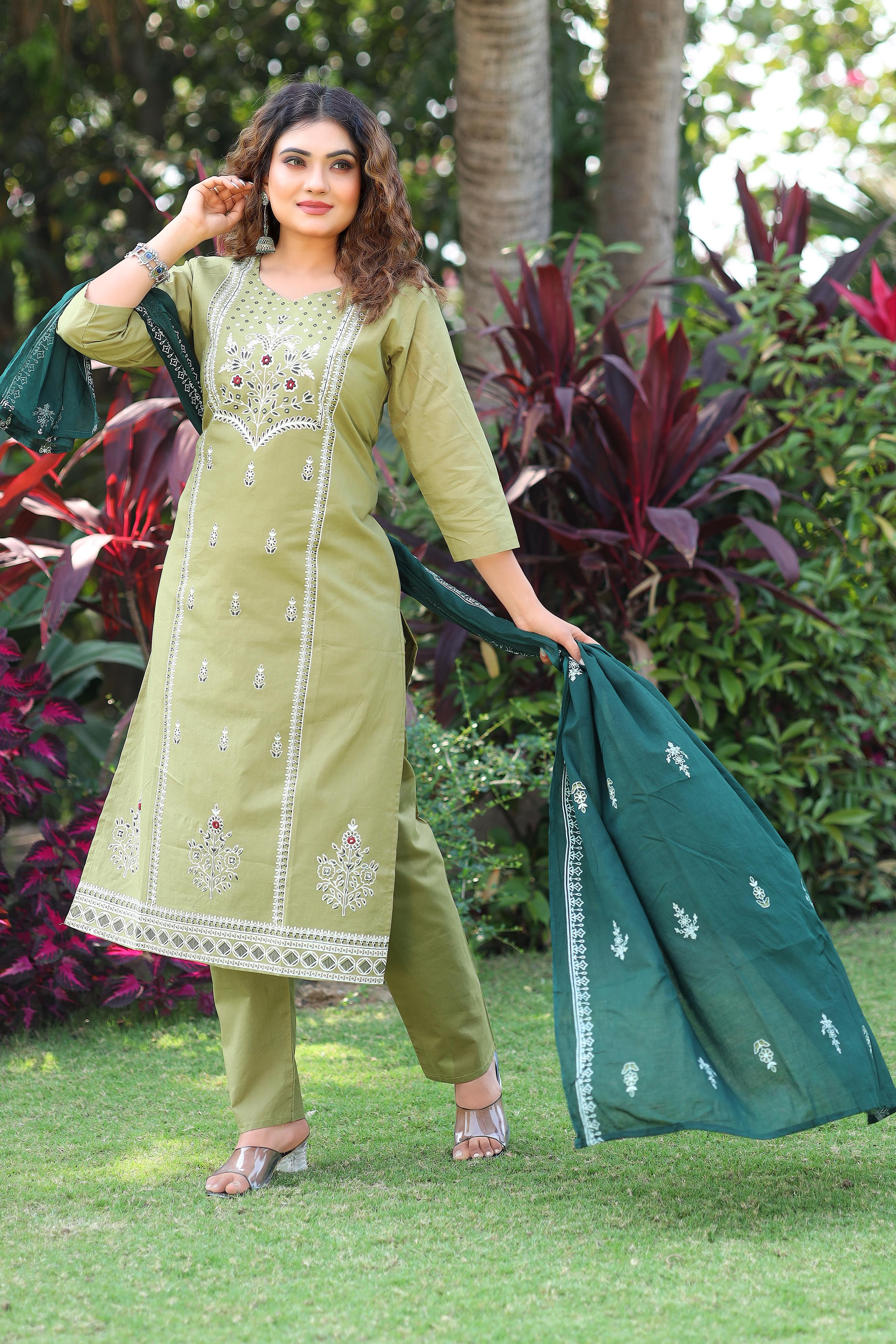 Pure Cotton Mirror Work Kurti-Pant With Dupatta