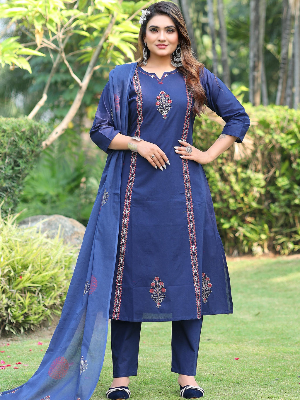 Pure Cotton Mirror Work Kurti-Pant With Dupatta