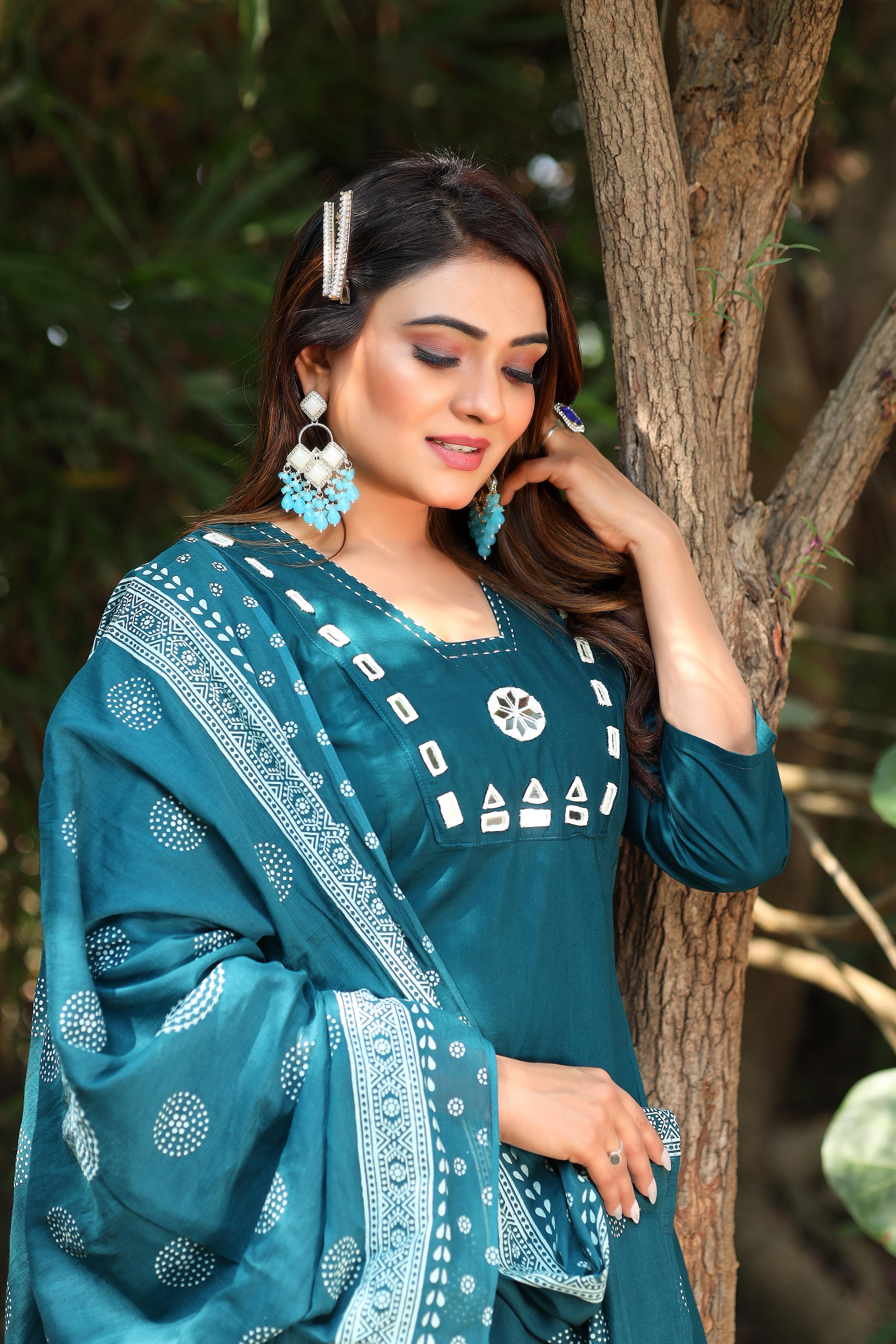 Pure Cotton Mirror Work Kurti-Pant With Dupatta