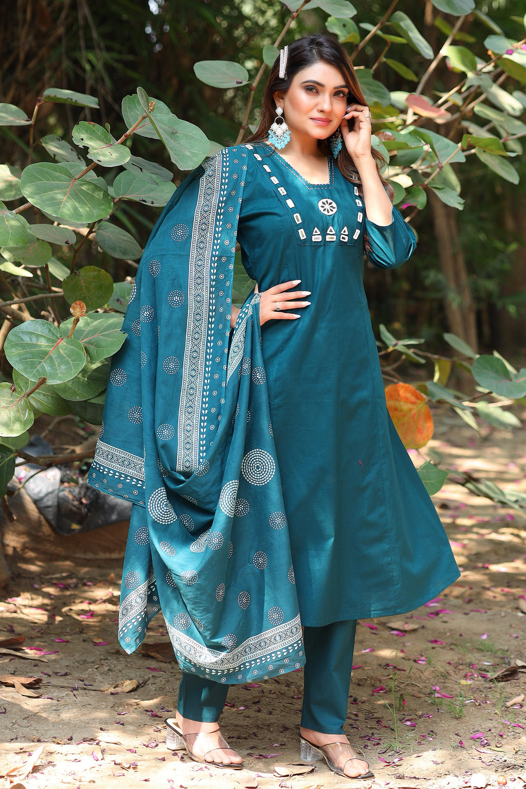 Pure Cotton Mirror Work Kurti-Pant With Dupatta