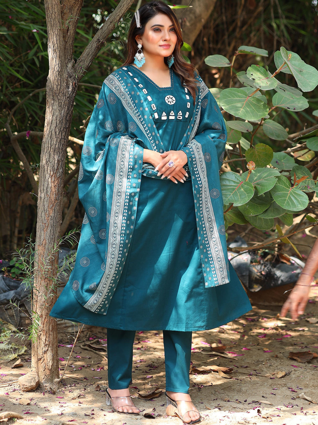 Pure Cotton Mirror Work Kurti-Pant With Dupatta