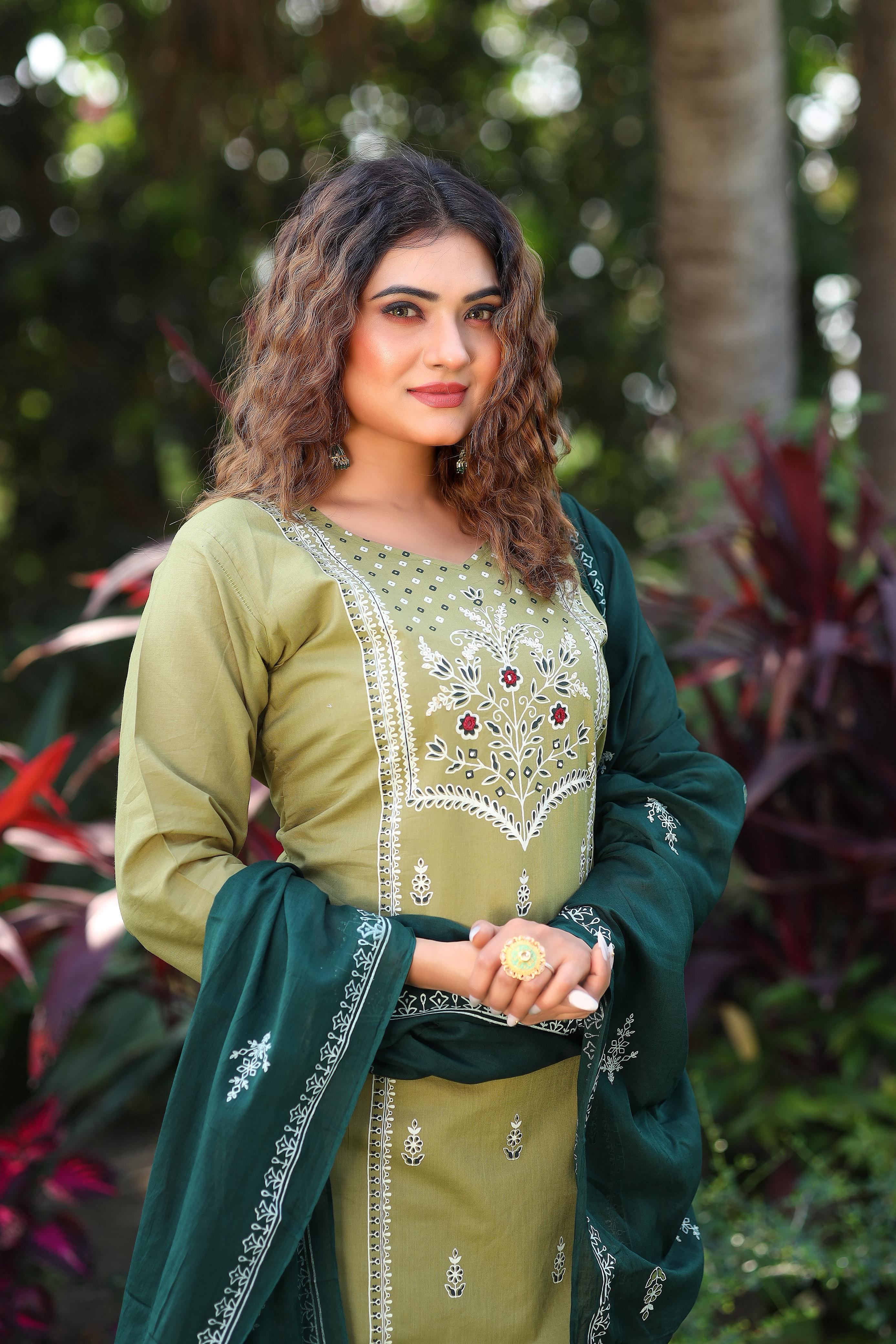 Pure Cotton Mirror Work Kurti-Pant With Dupatta