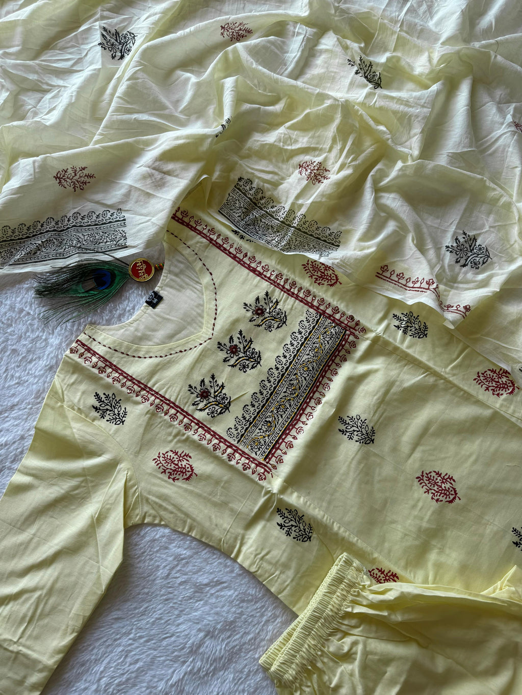 Pure Cotton Mirror Work Kurti-Pant With Dupatta