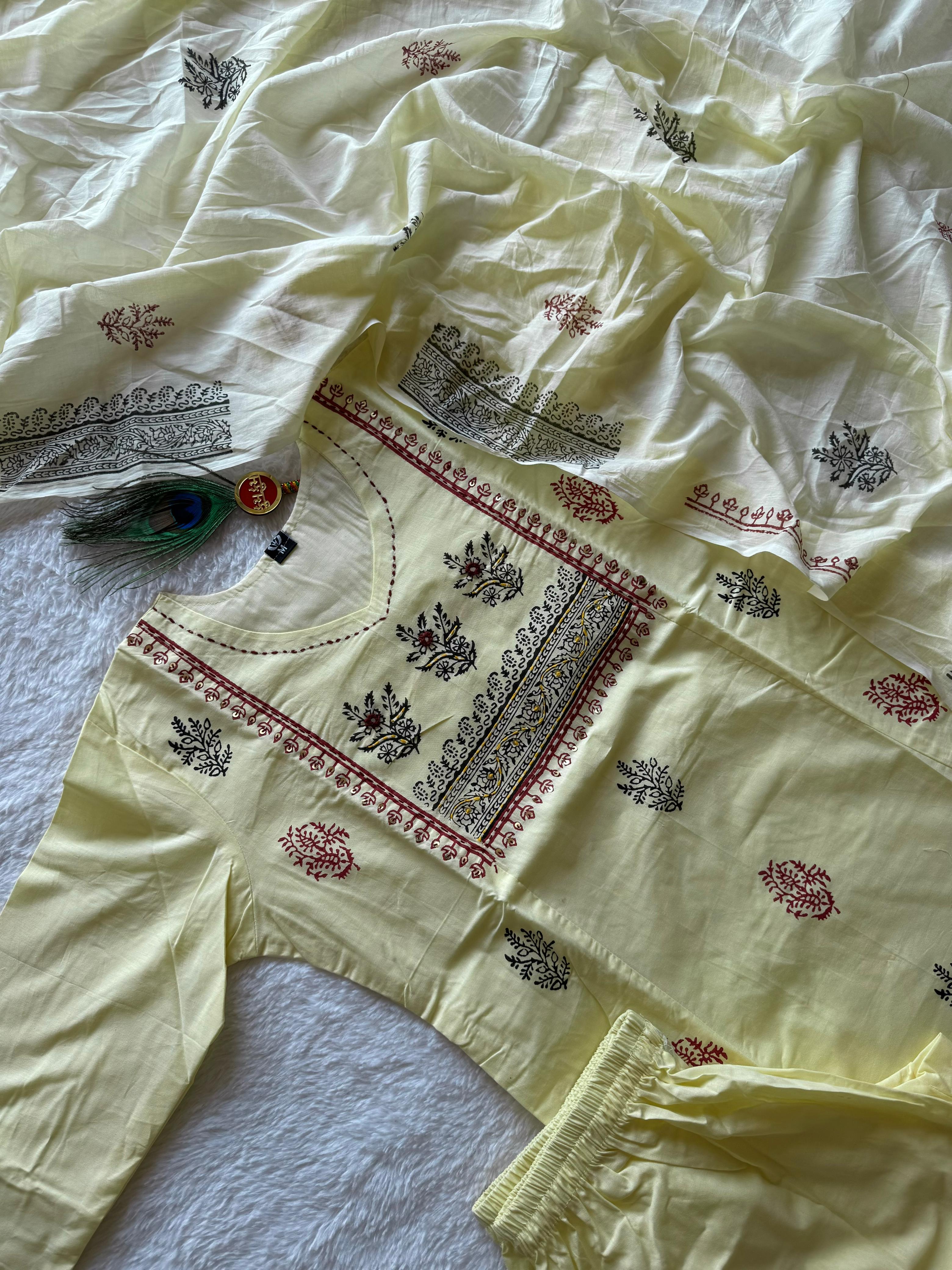 Pure Cotton Mirror Work Kurti-Pant With Dupatta