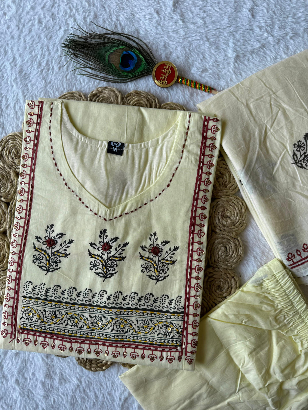 Pure Cotton Mirror Work Kurti-Pant With Dupatta