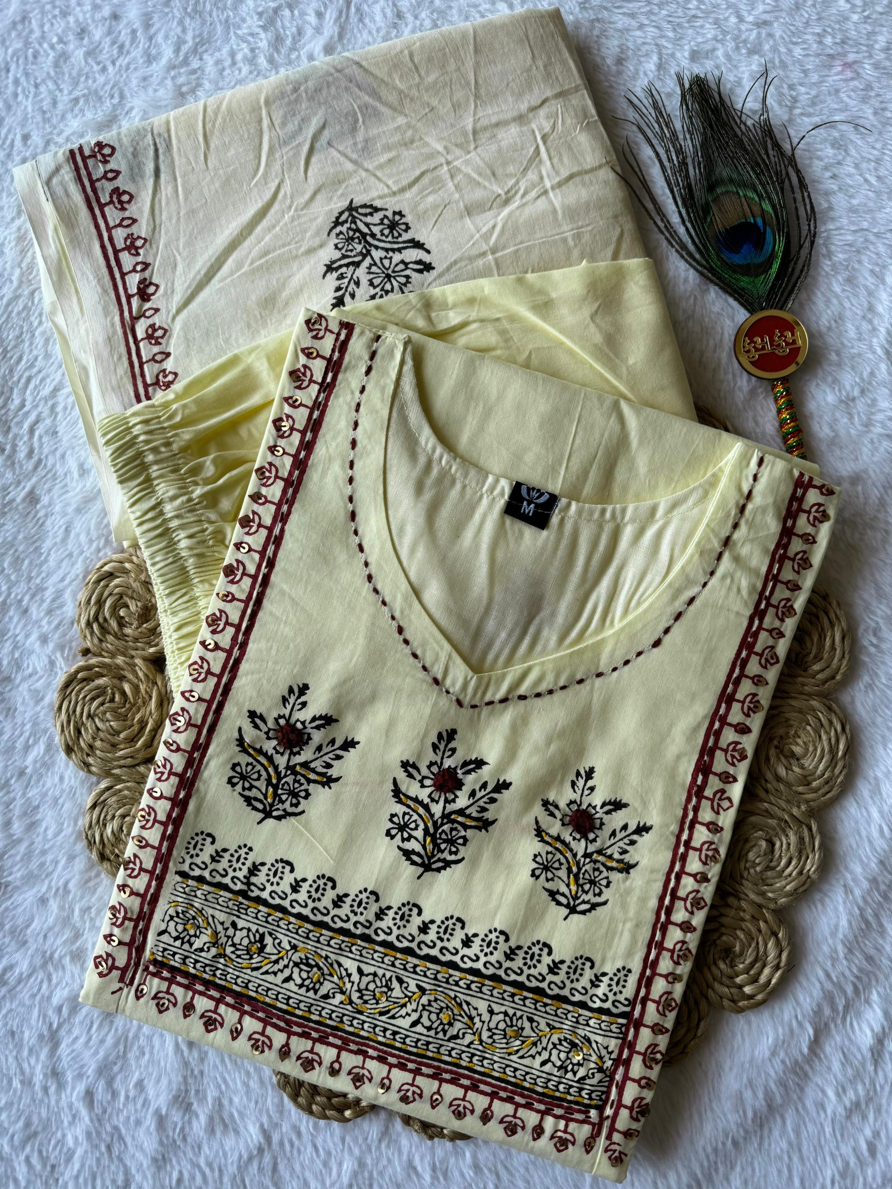 Pure Cotton Mirror Work Kurti-Pant With Dupatta