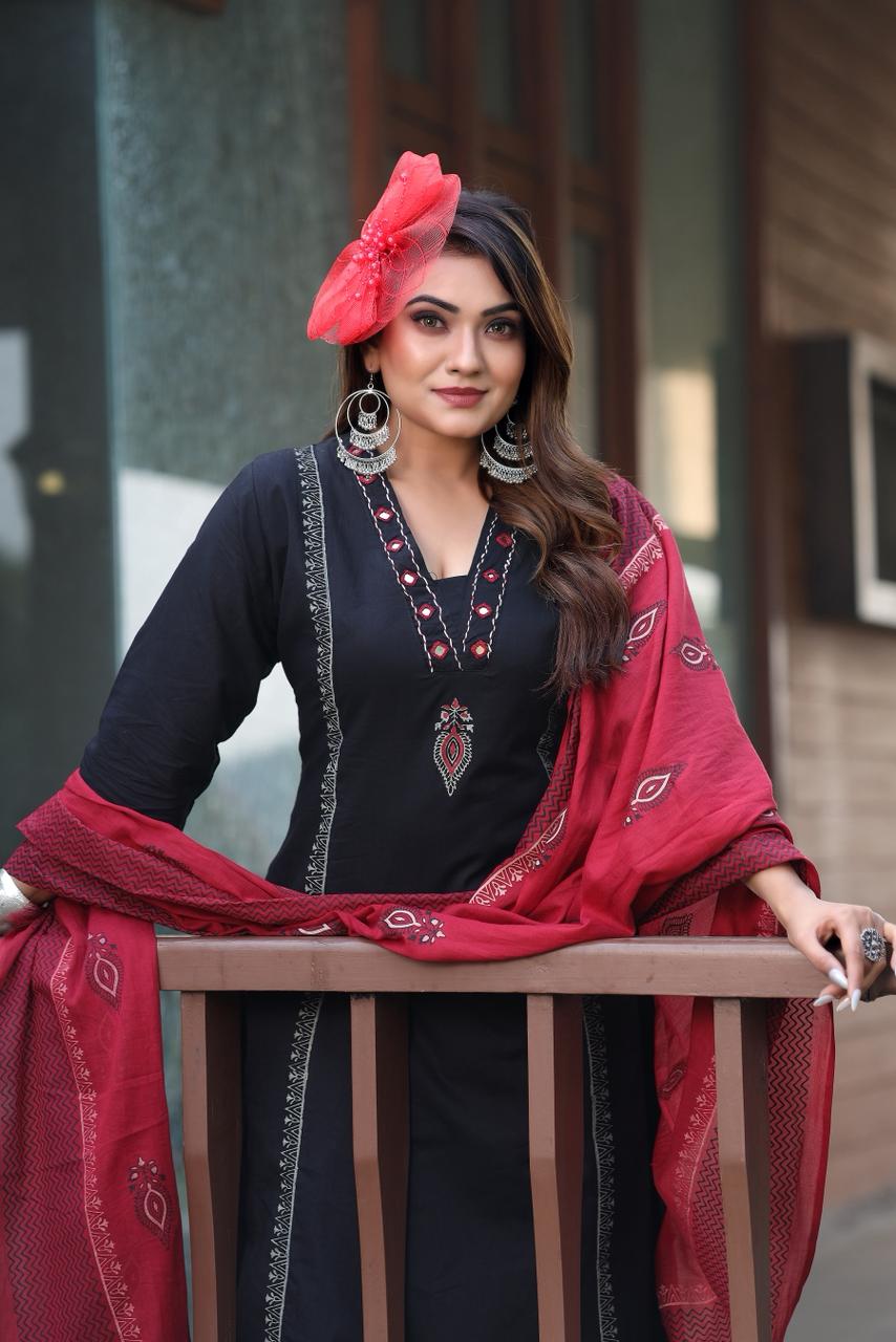 Pure Cotton Hand Work Kurti-Pant With Dupatta