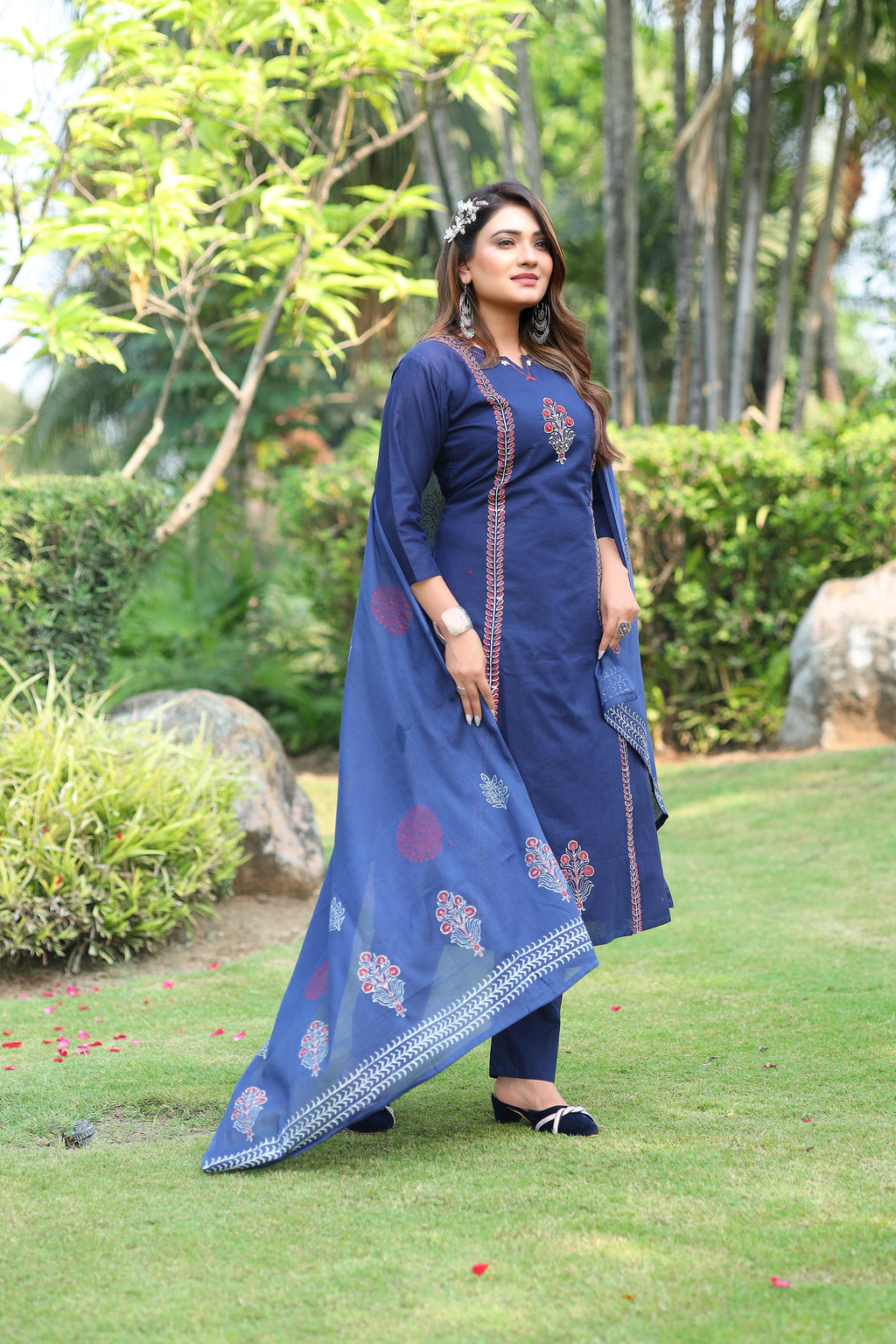 Pure Cotton Mirror Work Kurti-Pant With Dupatta