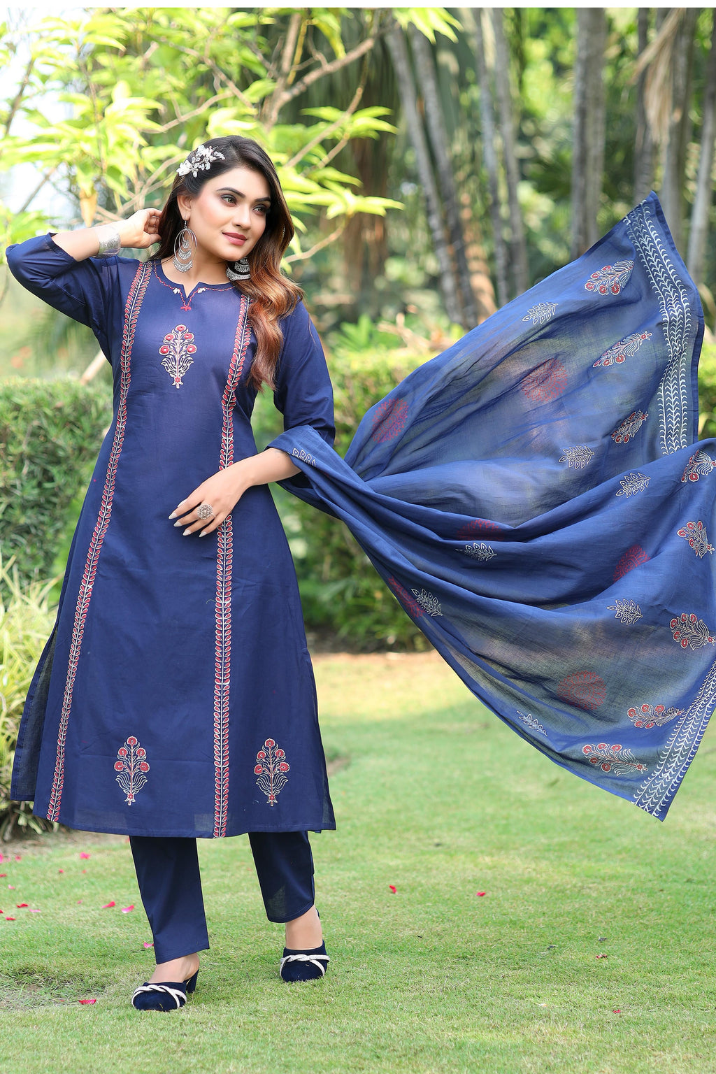 Pure Cotton Mirror Work Kurti-Pant With Dupatta