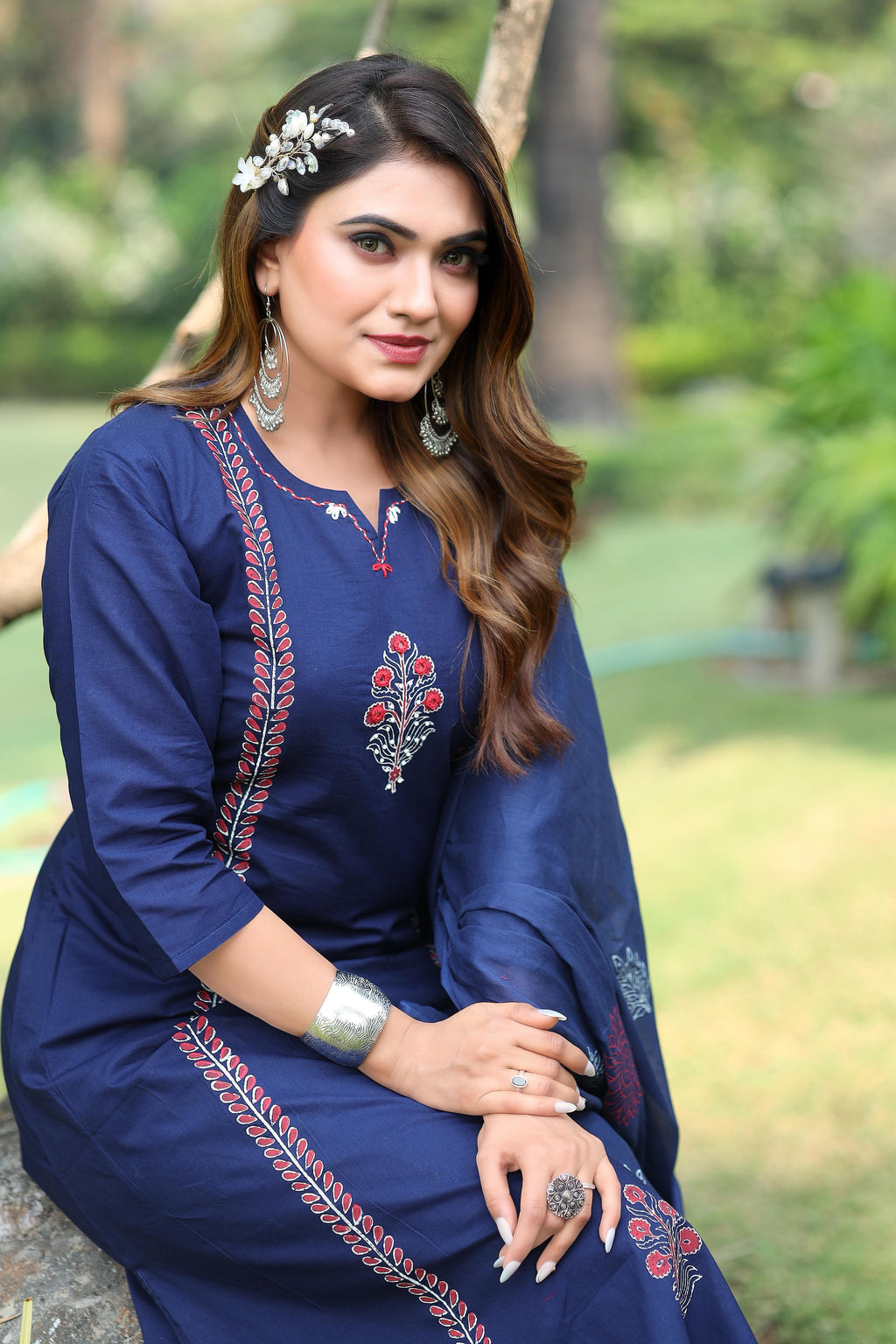 Pure Cotton Mirror Work Kurti-Pant With Dupatta