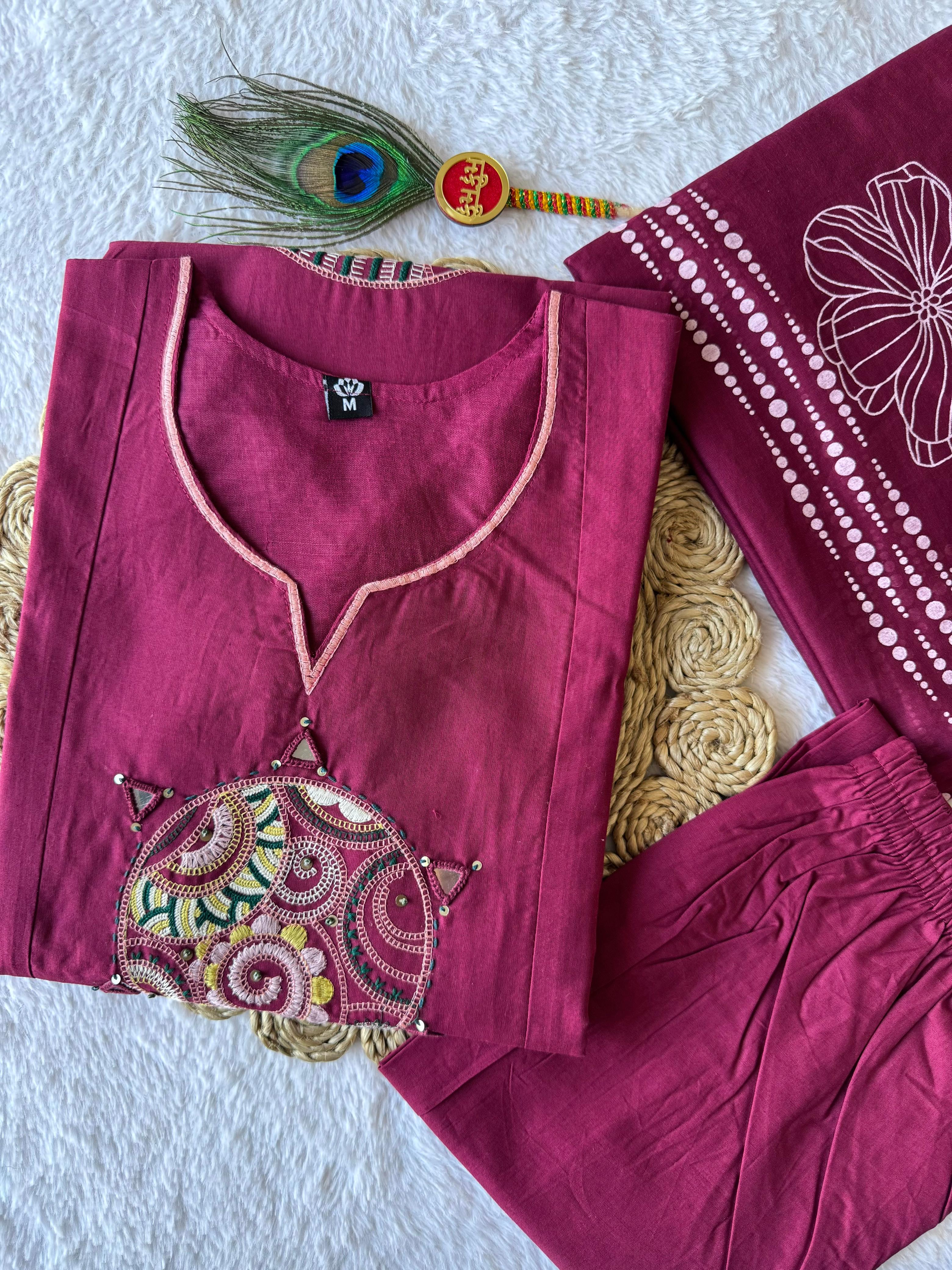 Pure Cotton Hand Work Kurti-Pant With Dupatta