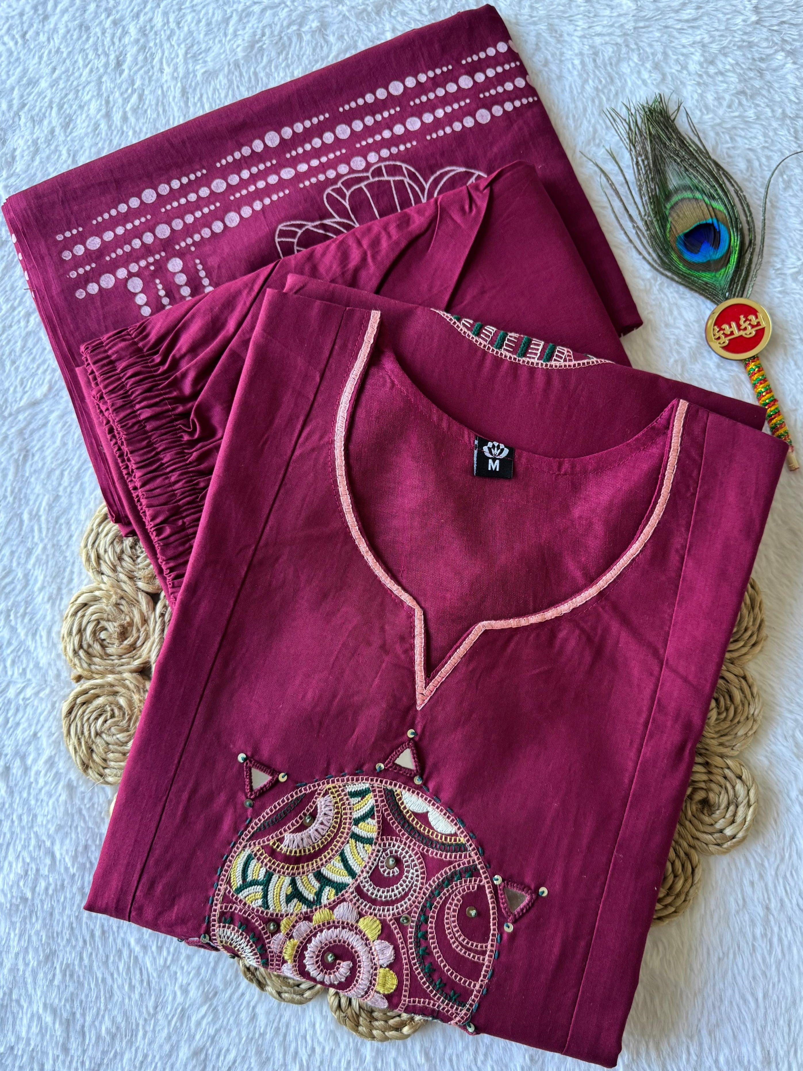 Pure Cotton Hand Work Kurti-Pant With Dupatta