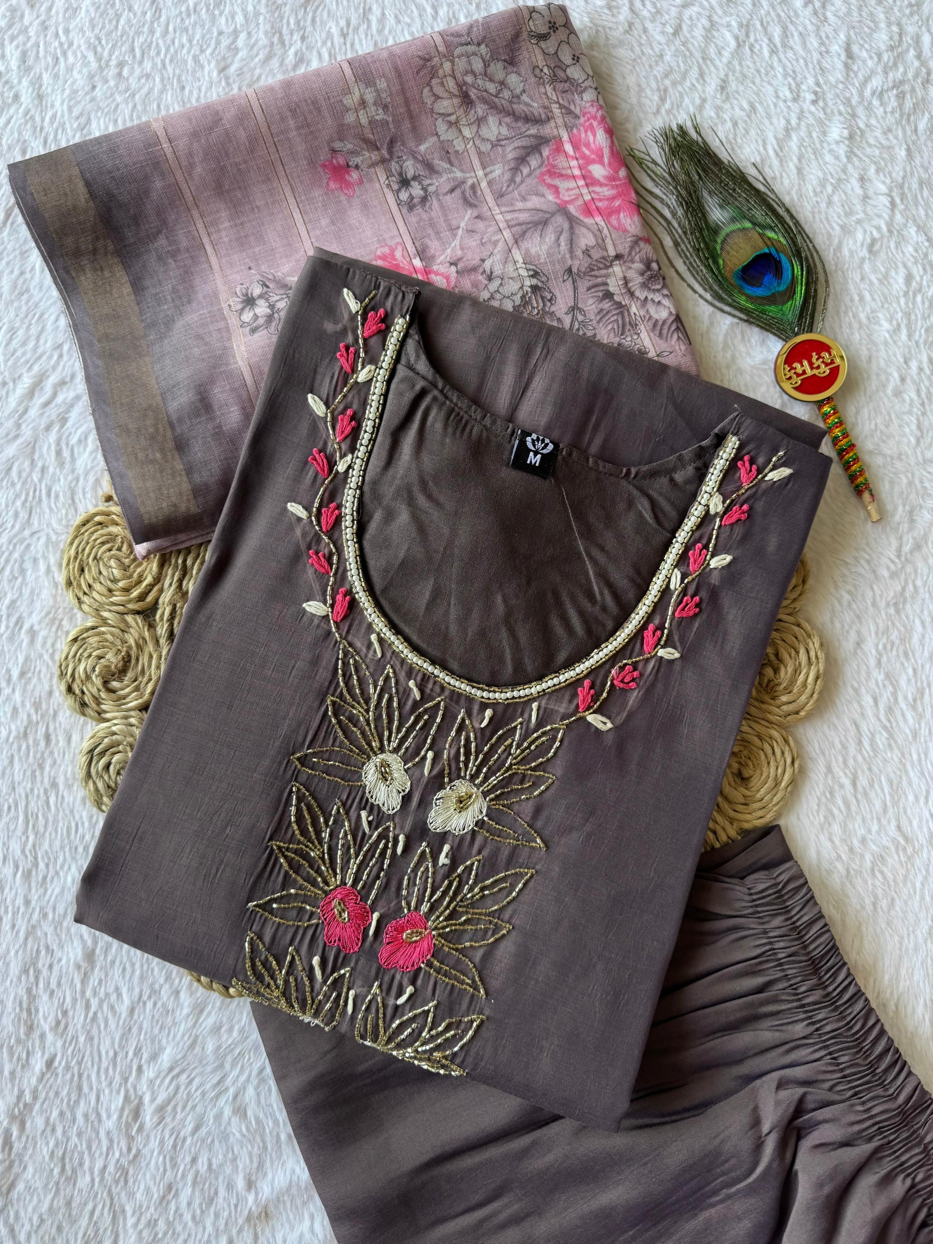 Mull Chandri Hand Work Kurti-Pant With Dupatta