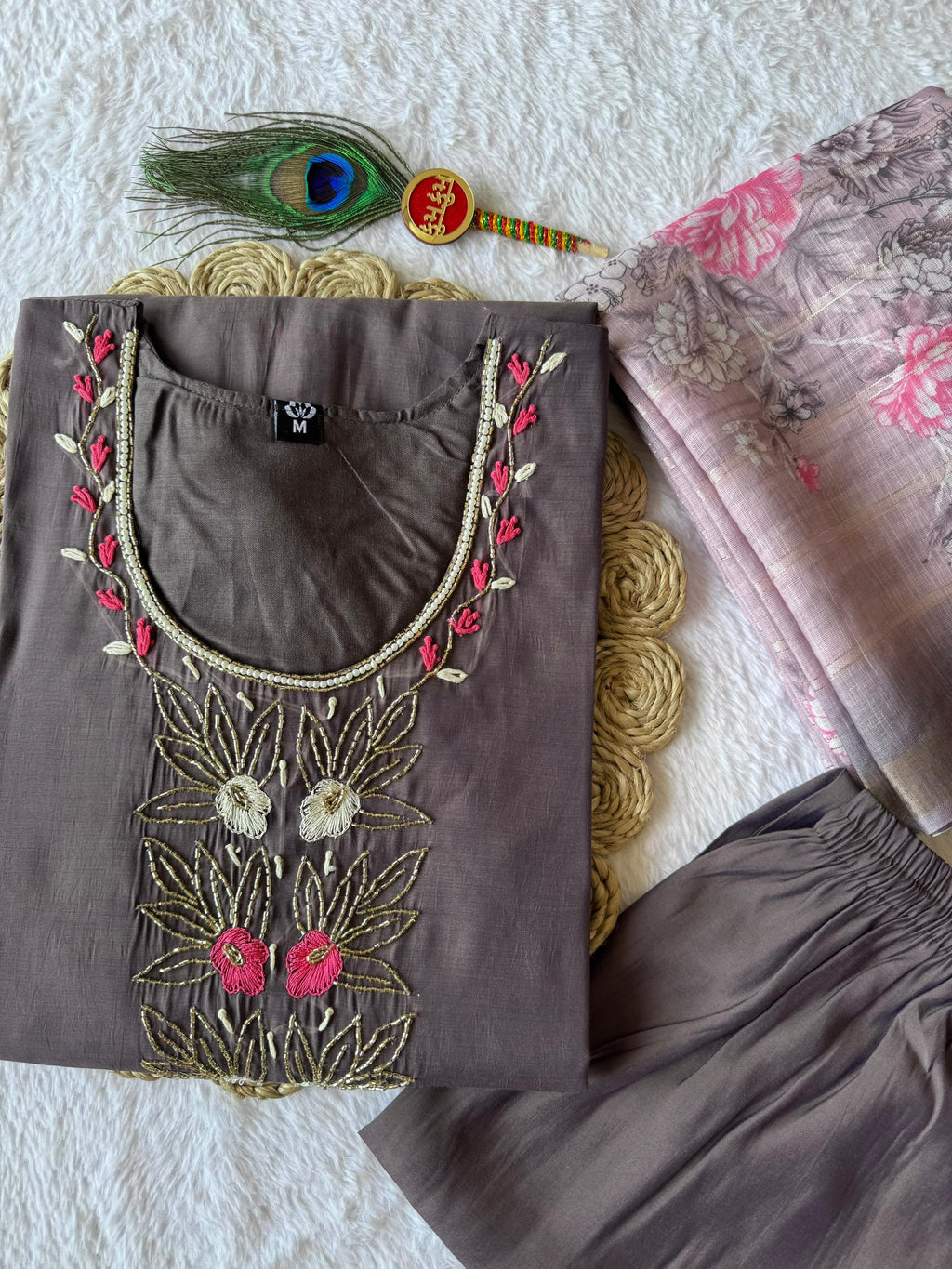 Mull Chandri Hand Work Kurti-Pant With Dupatta