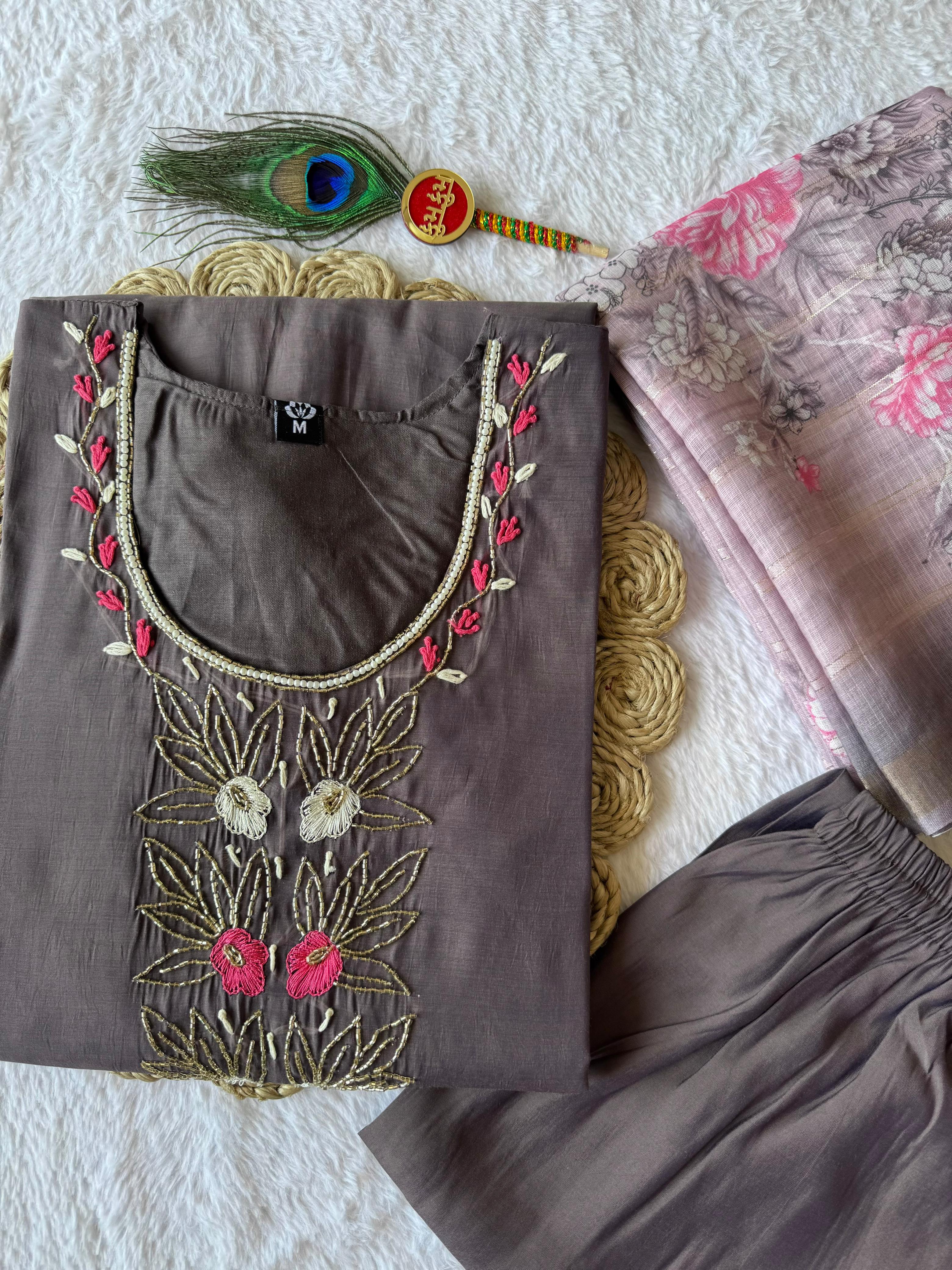Mull Chandri Hand Work Kurti-Pant With Dupatta