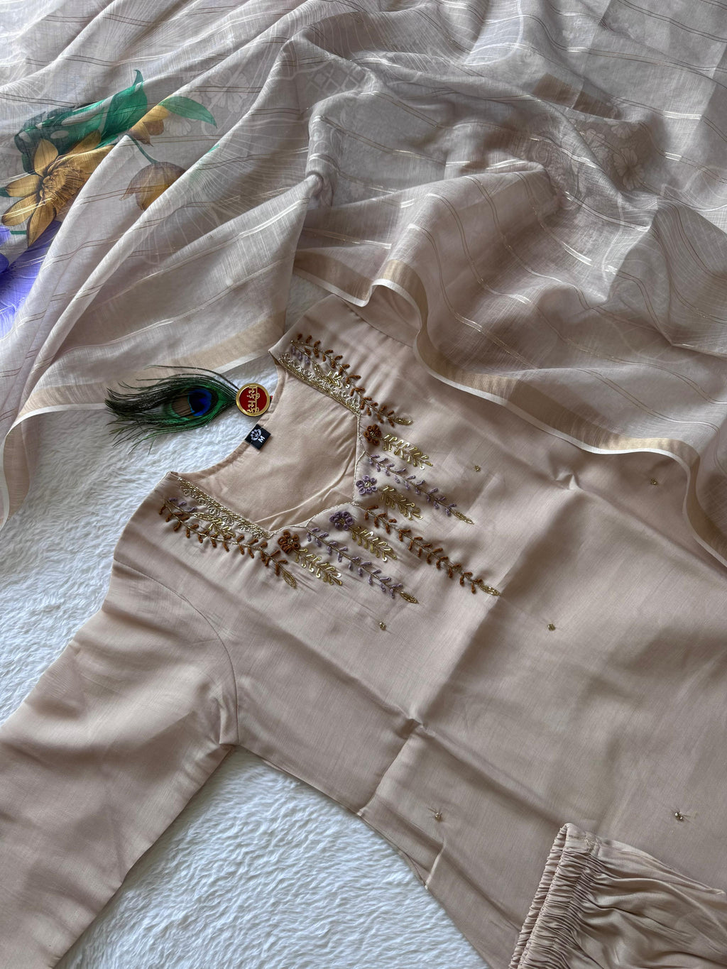 Mull Chandri Hand Work Kurti-Pant With Dupatta
