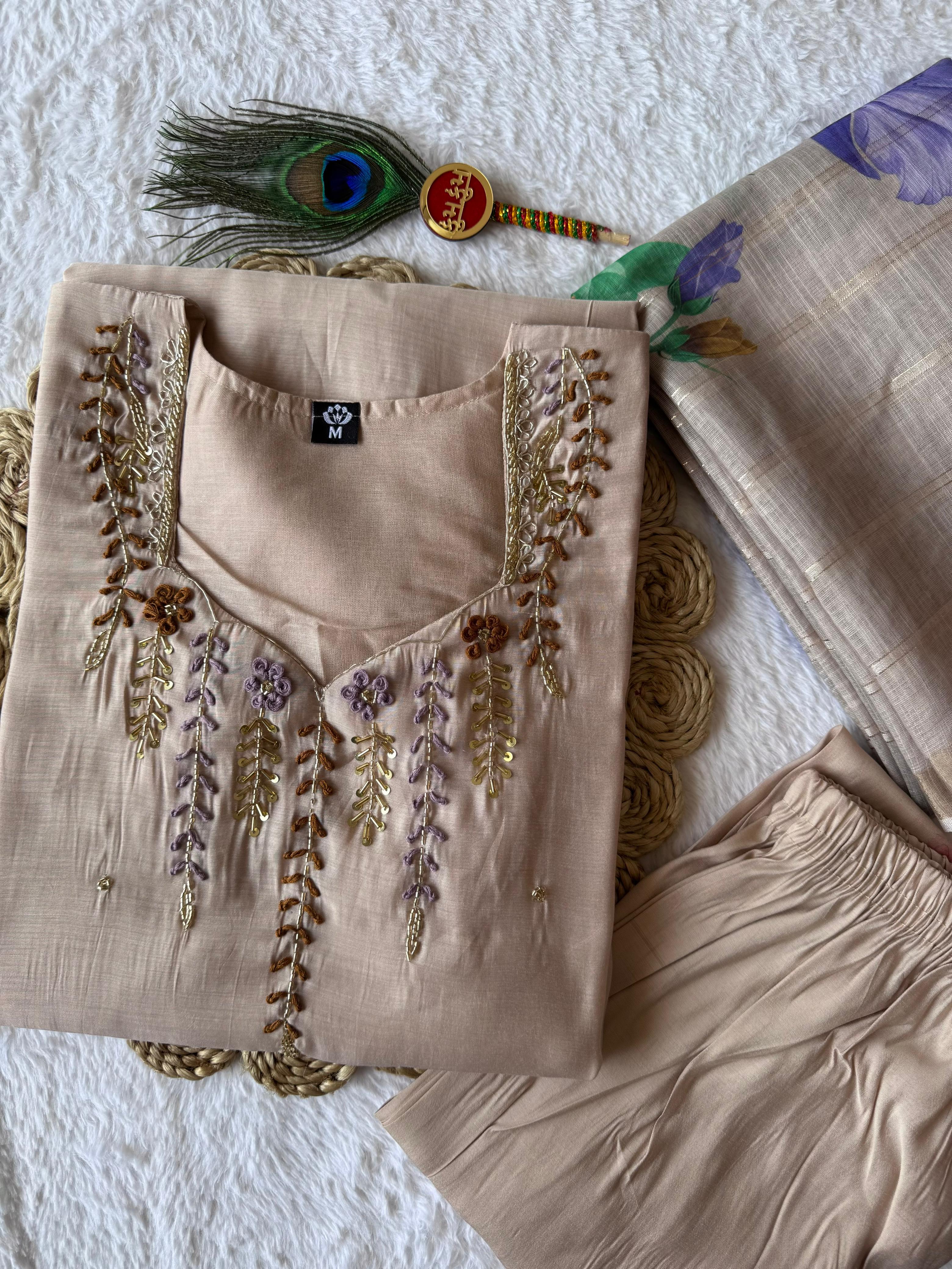 Mull Chandri Hand Work Kurti-Pant With Dupatta