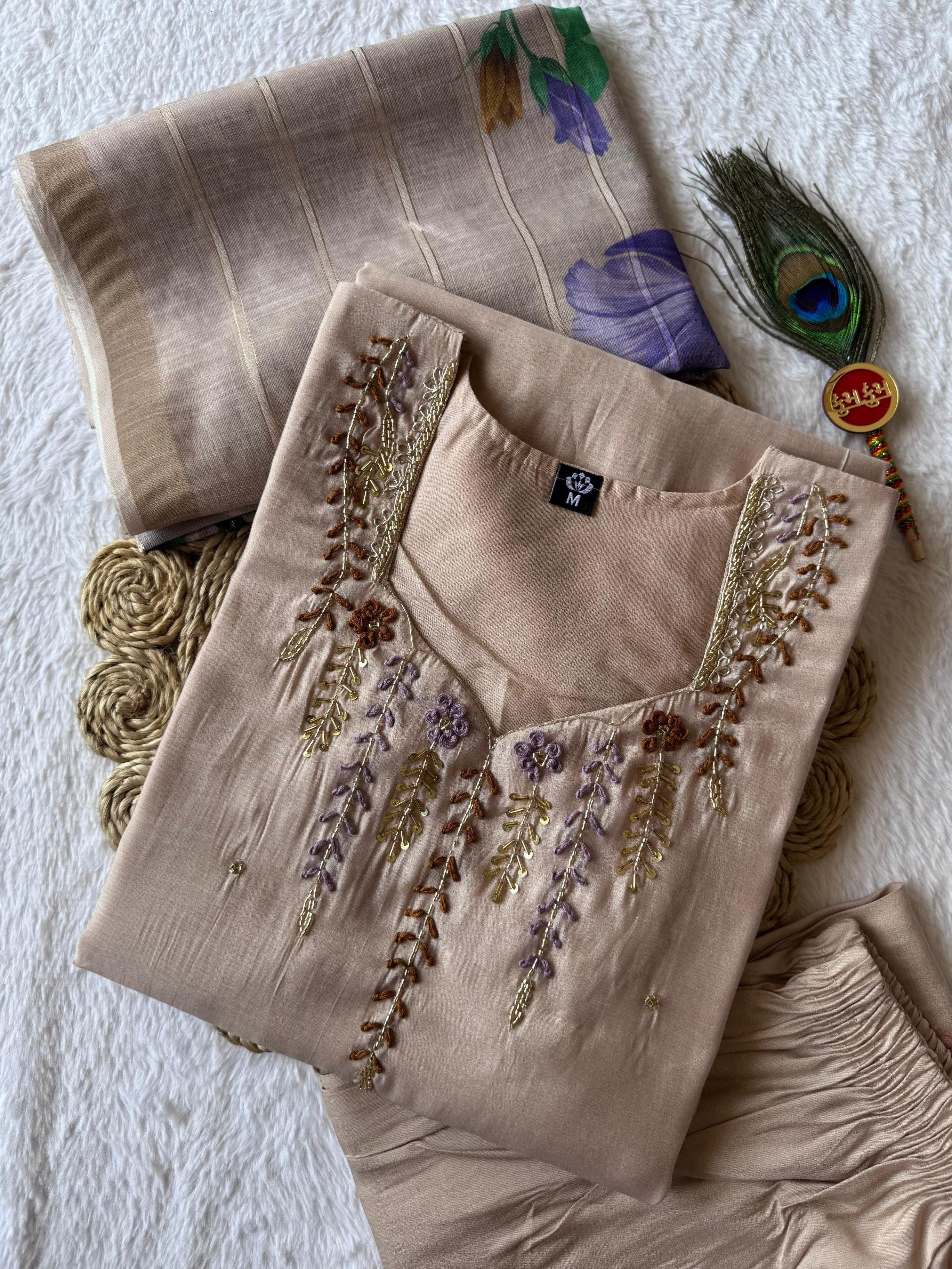 Mull Chandri Hand Work Kurti-Pant With Dupatta