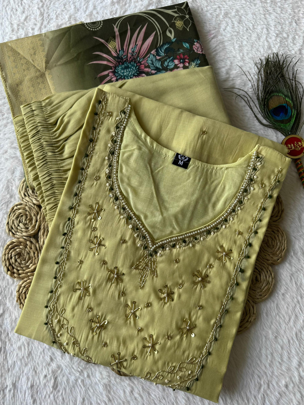 Mull Chanderi Hand Work Kurti-Pant With Dupatta