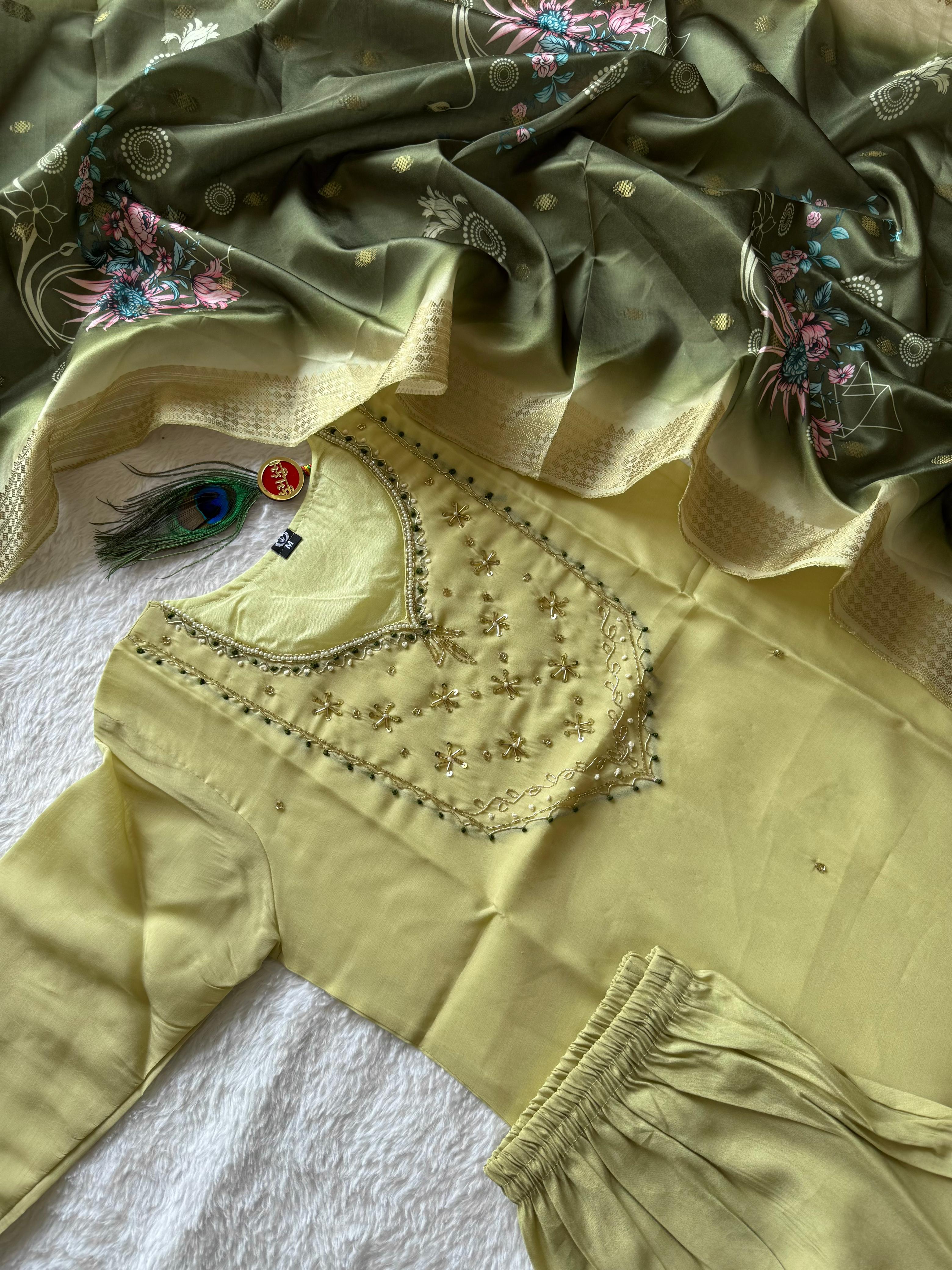 Mull Chanderi Hand Work Kurti-Pant With Dupatta