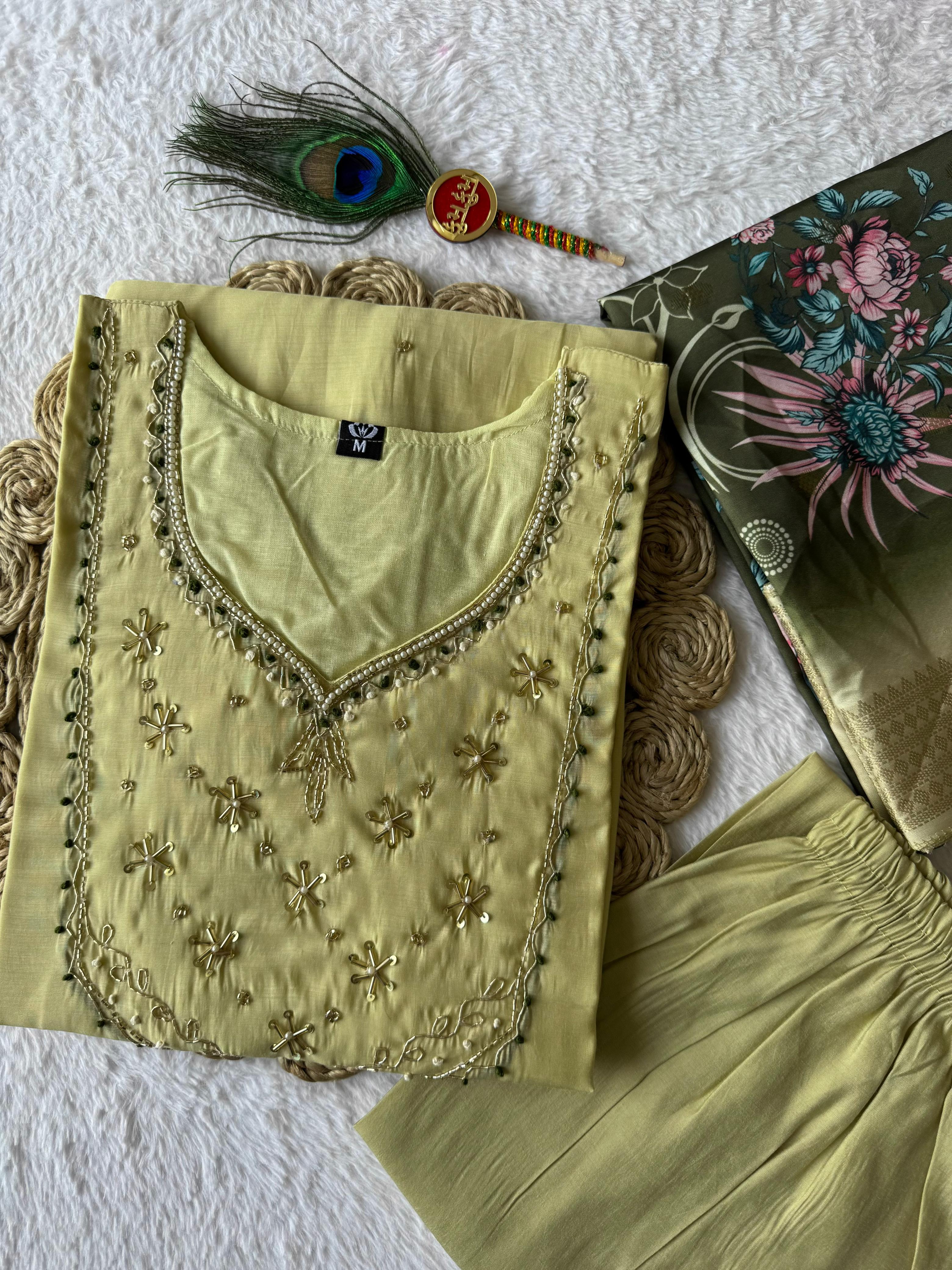 Mull Chanderi Hand Work Kurti-Pant With Dupatta