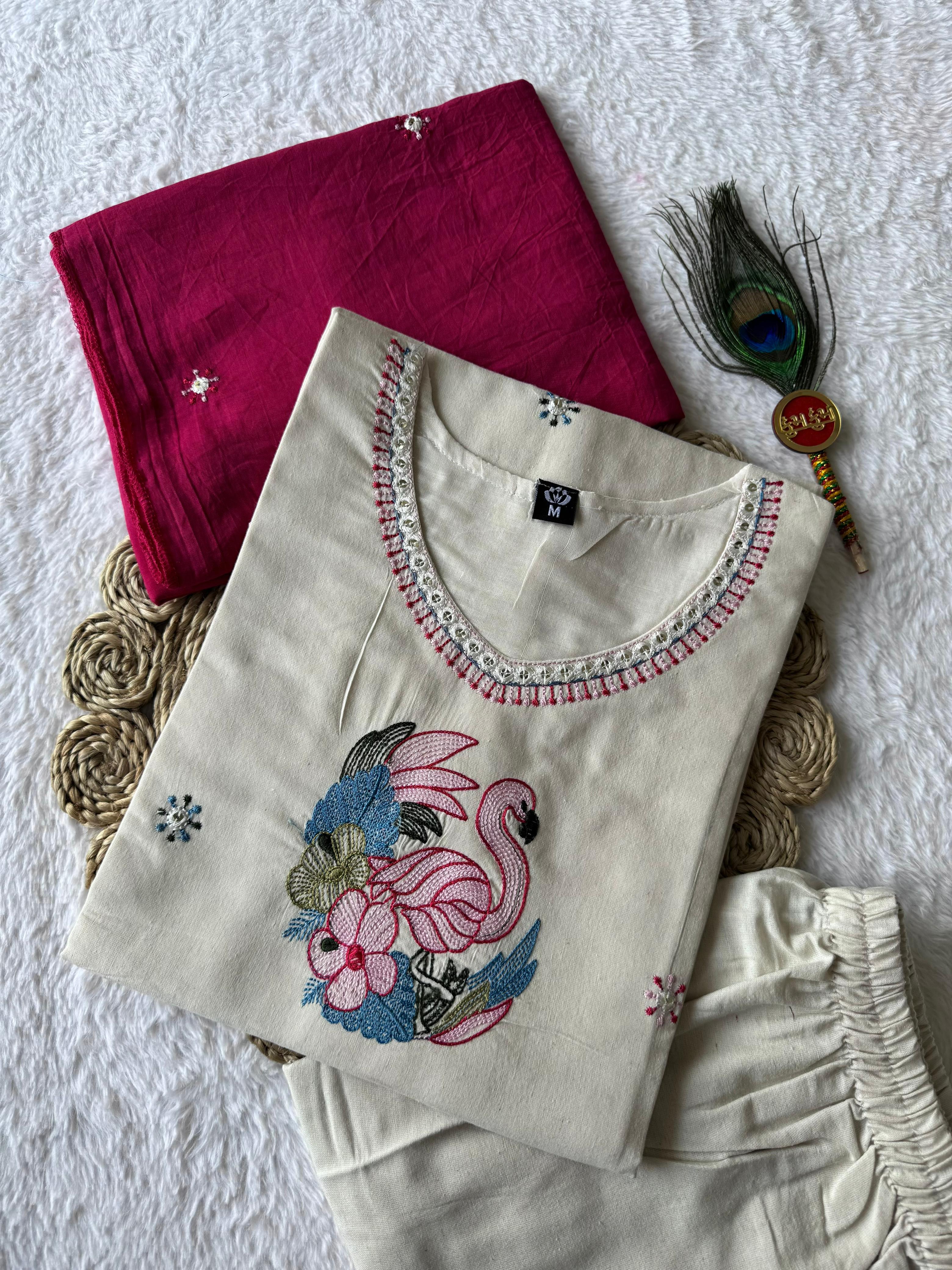 Pure Khadi Cotton Embroidered Kurti-Pant With Dupatta