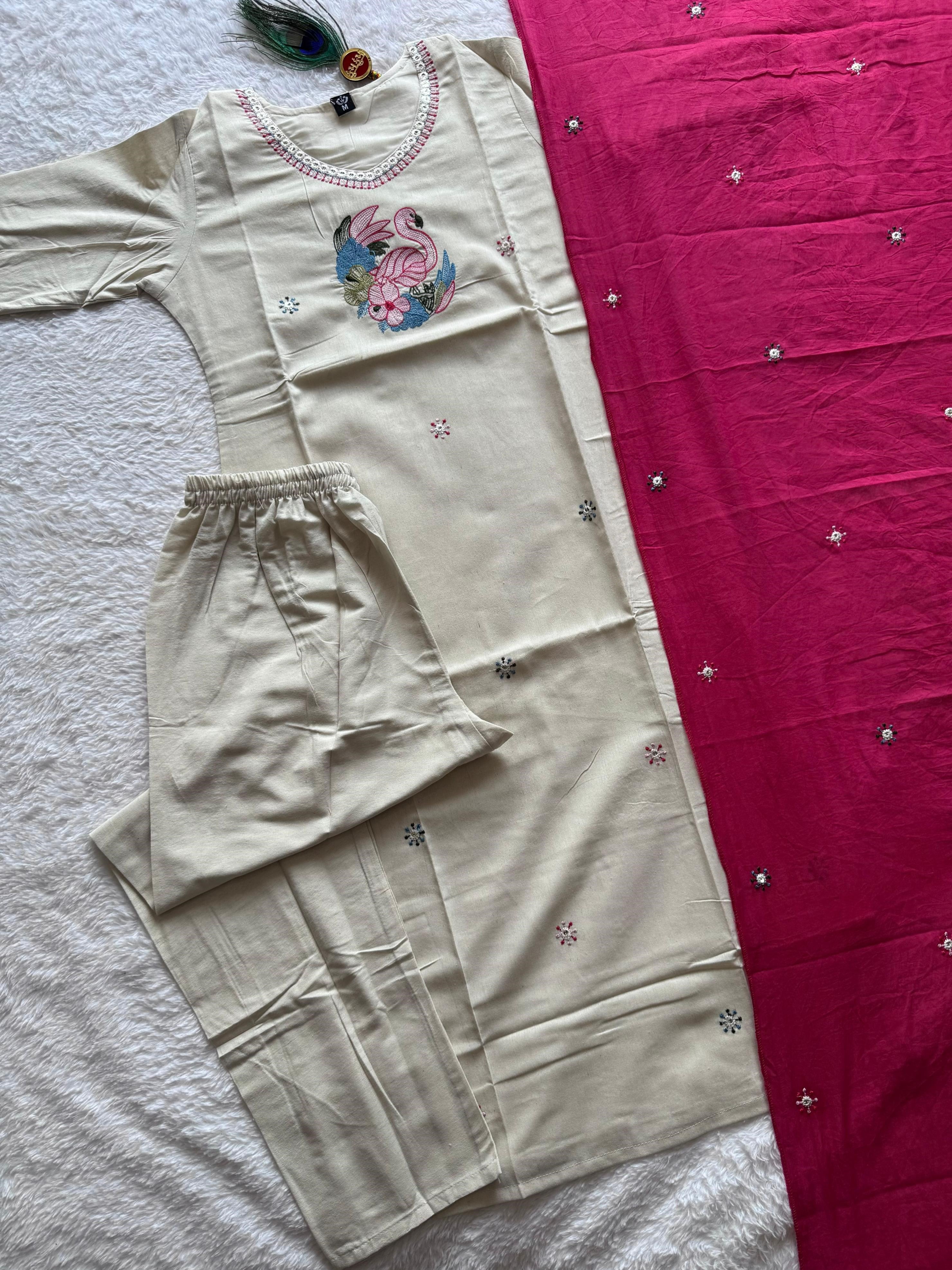 Pure Khadi Cotton Embroidered Kurti-Pant With Dupatta