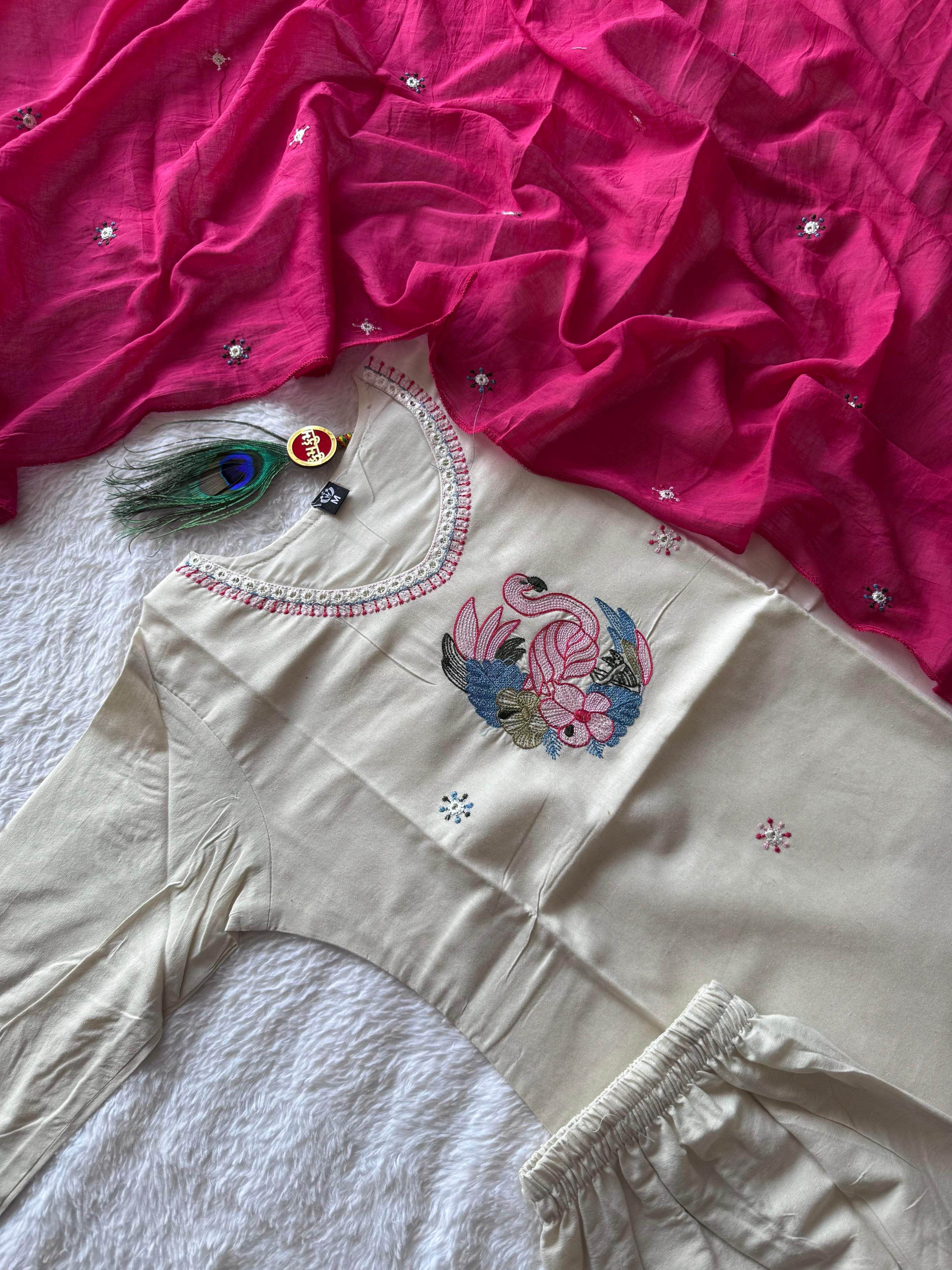 Pure Khadi Cotton Embroidered Kurti-Pant With Dupatta