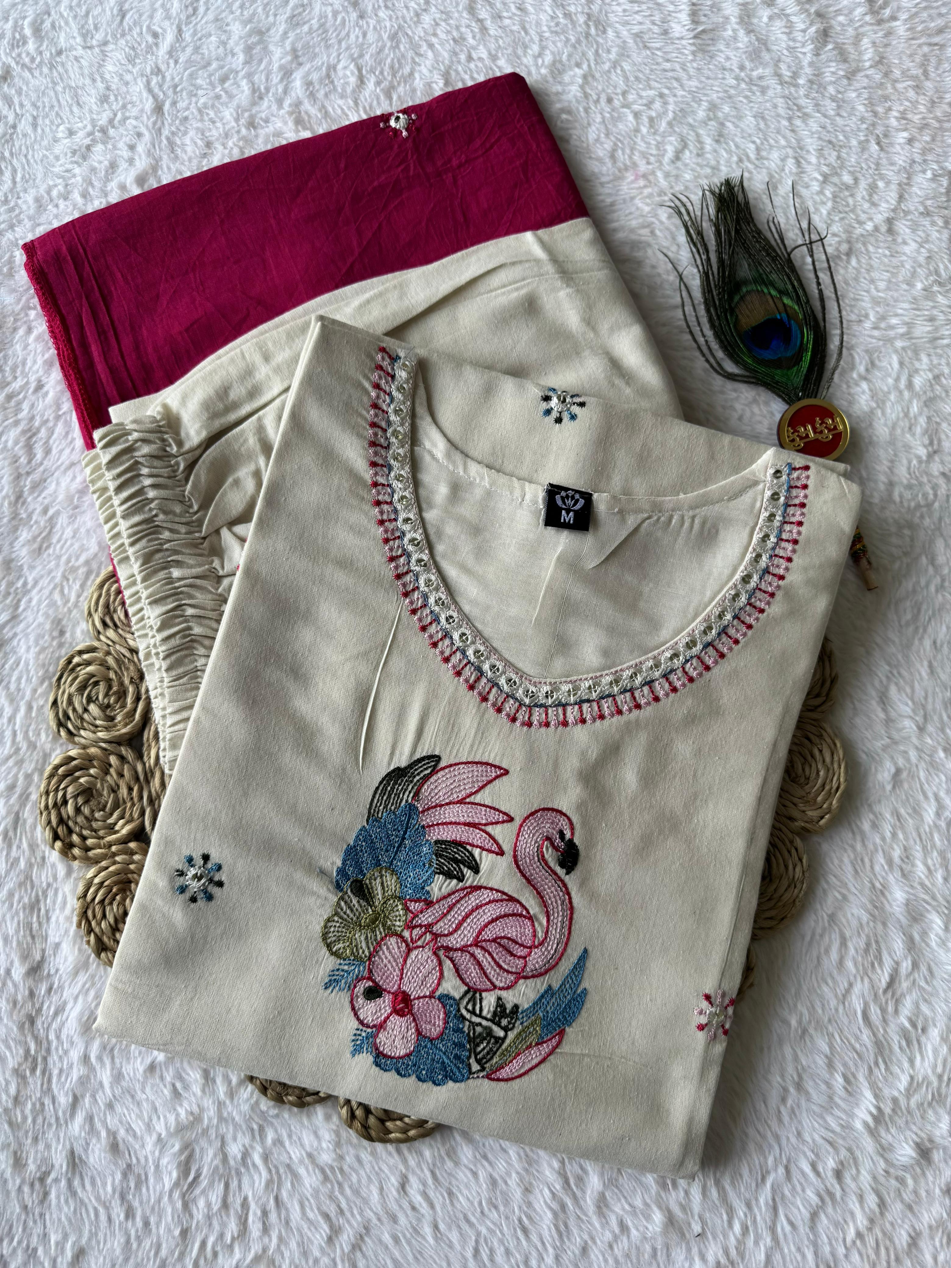 Pure Khadi Cotton Embroidered Kurti-Pant With Dupatta