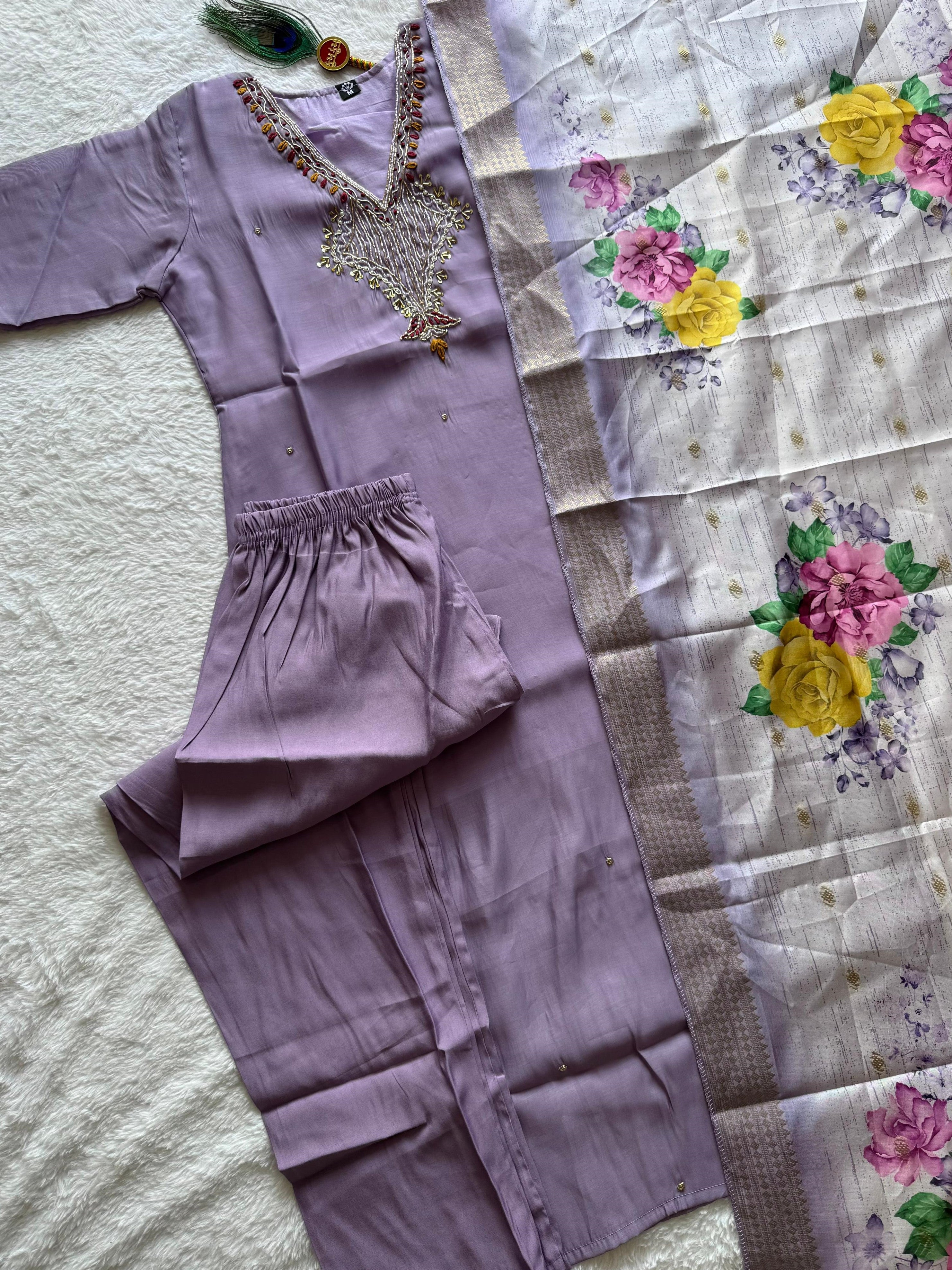 Mull Chanderi Hand Work Kurti-Pant With Dupatta