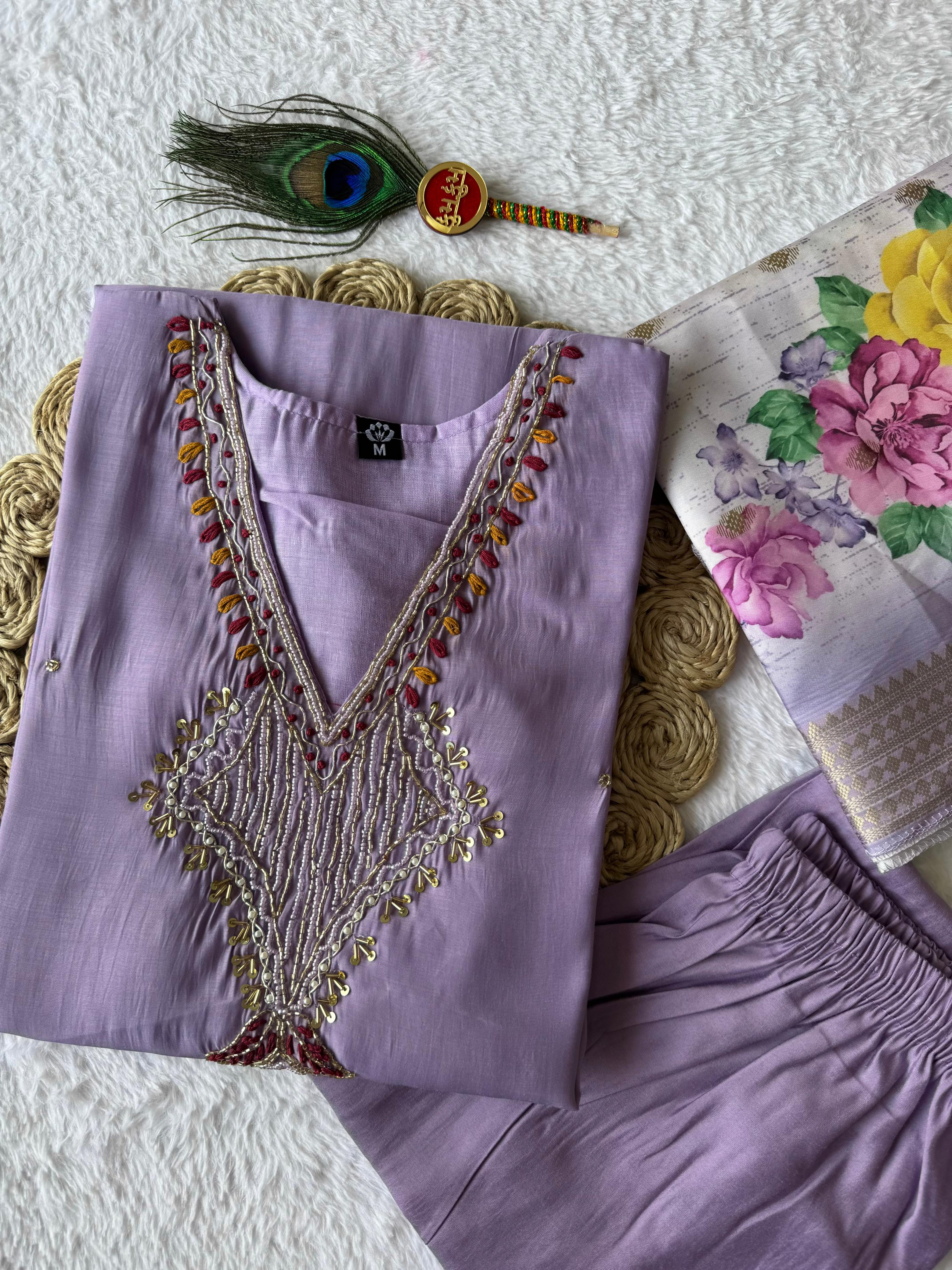 Mull Chanderi Hand Work Kurti-Pant With Dupatta