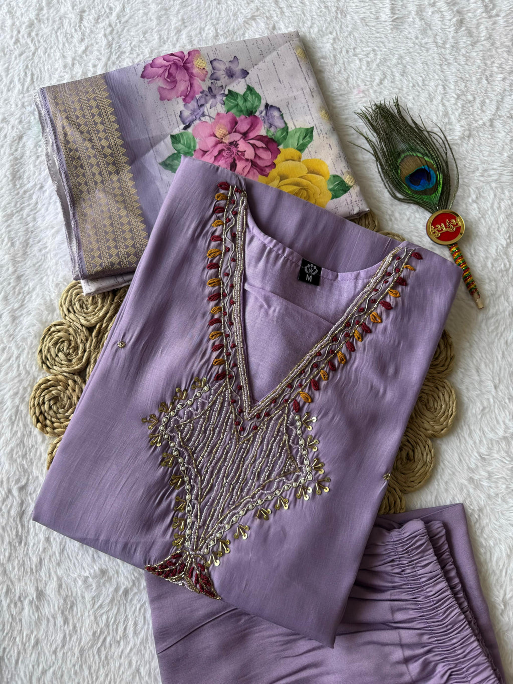 Mull Chanderi Hand Work Kurti-Pant With Dupatta