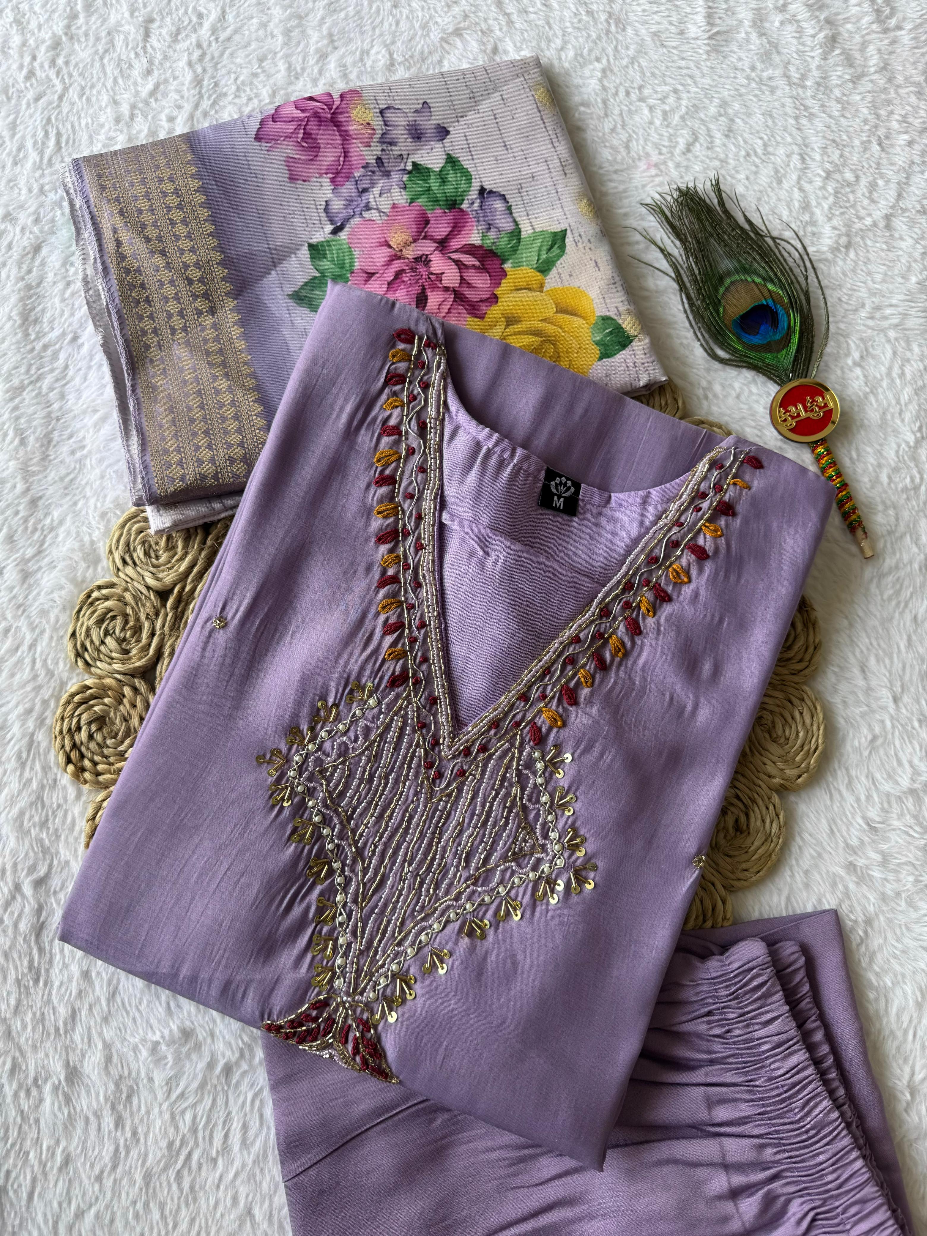 Mull Chanderi Hand Work Kurti-Pant With Dupatta