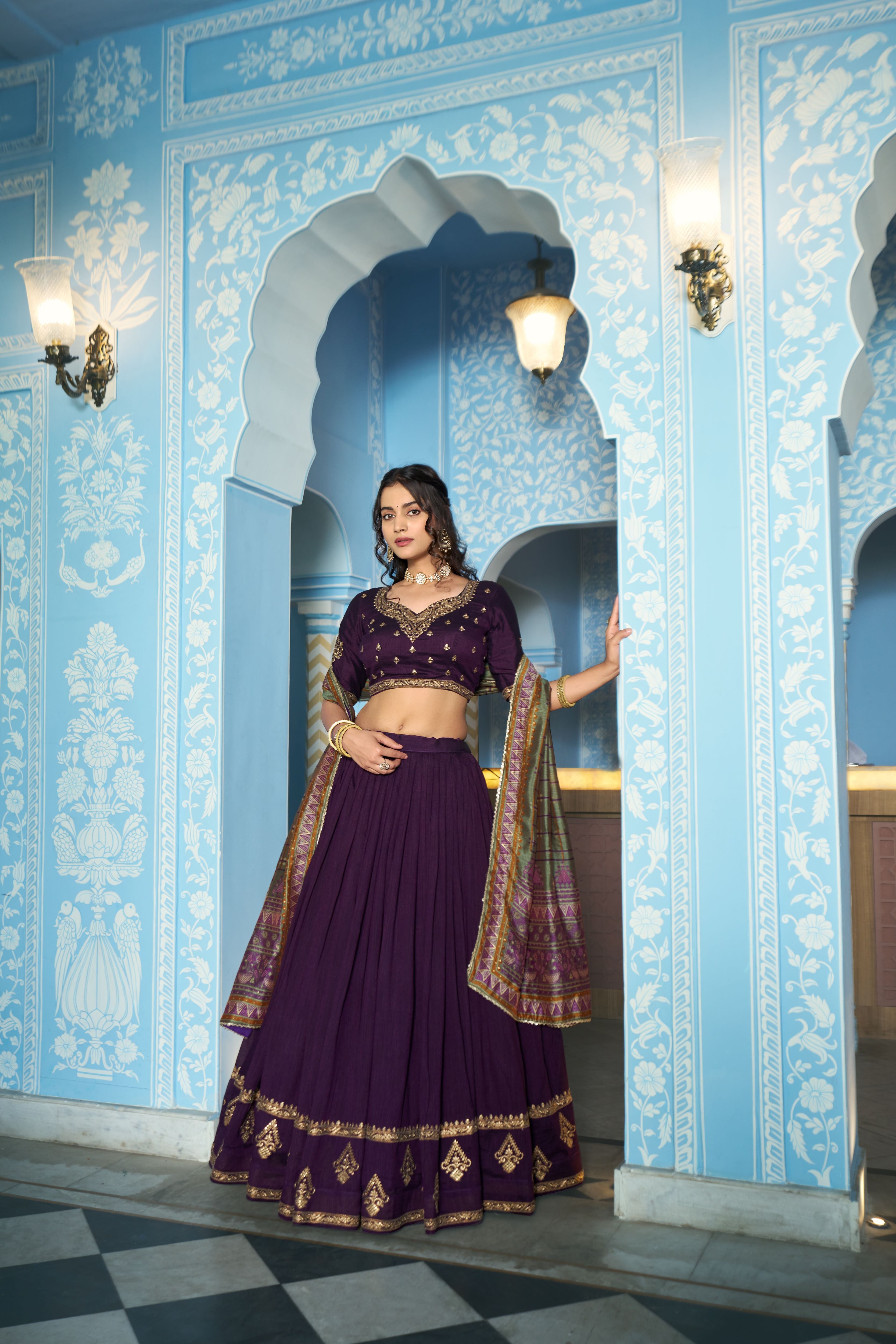 Vichitra Silk Thread Embroidered Lehenga With Dupatta