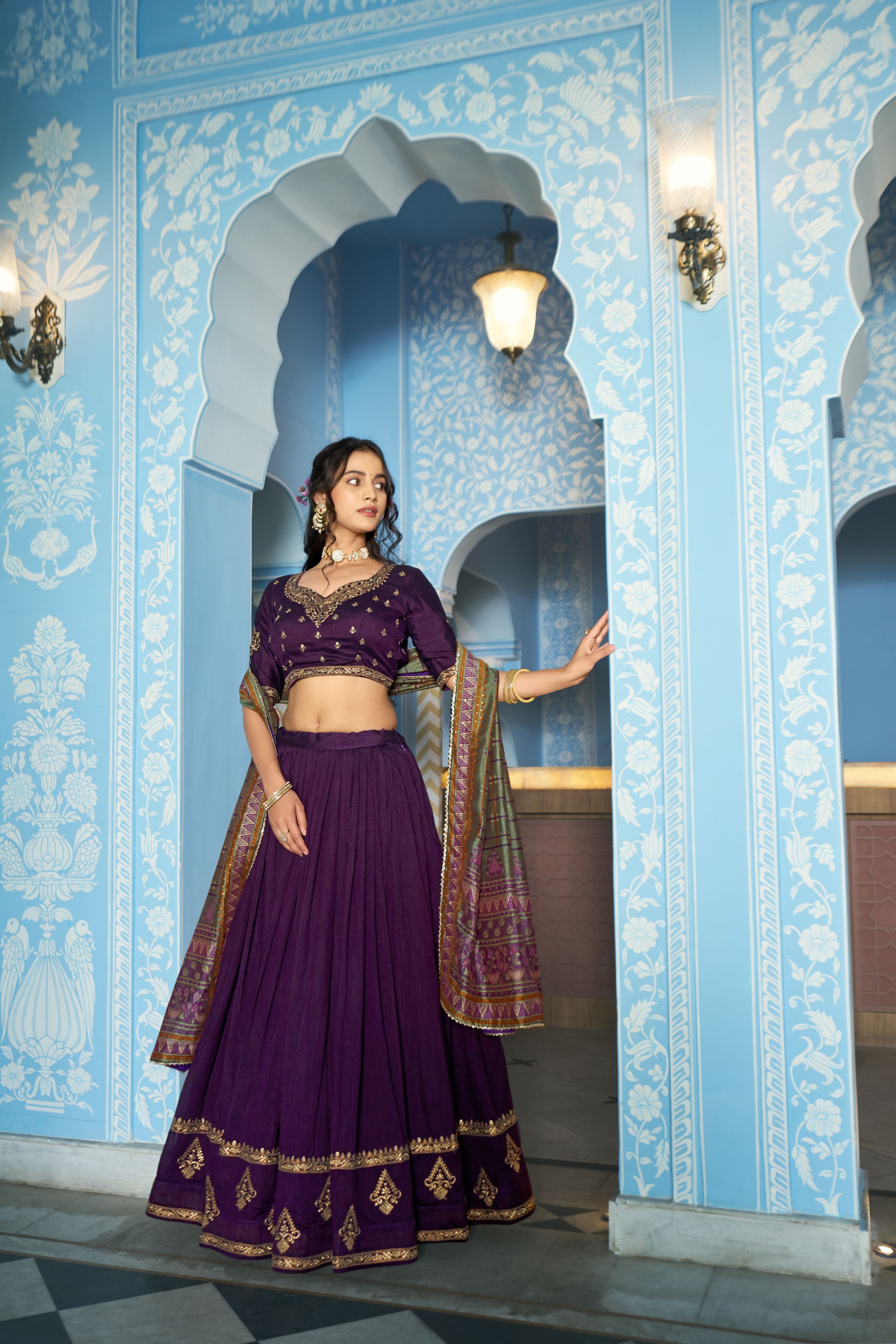 Vichitra Silk Thread Embroidered Lehenga With Dupatta
