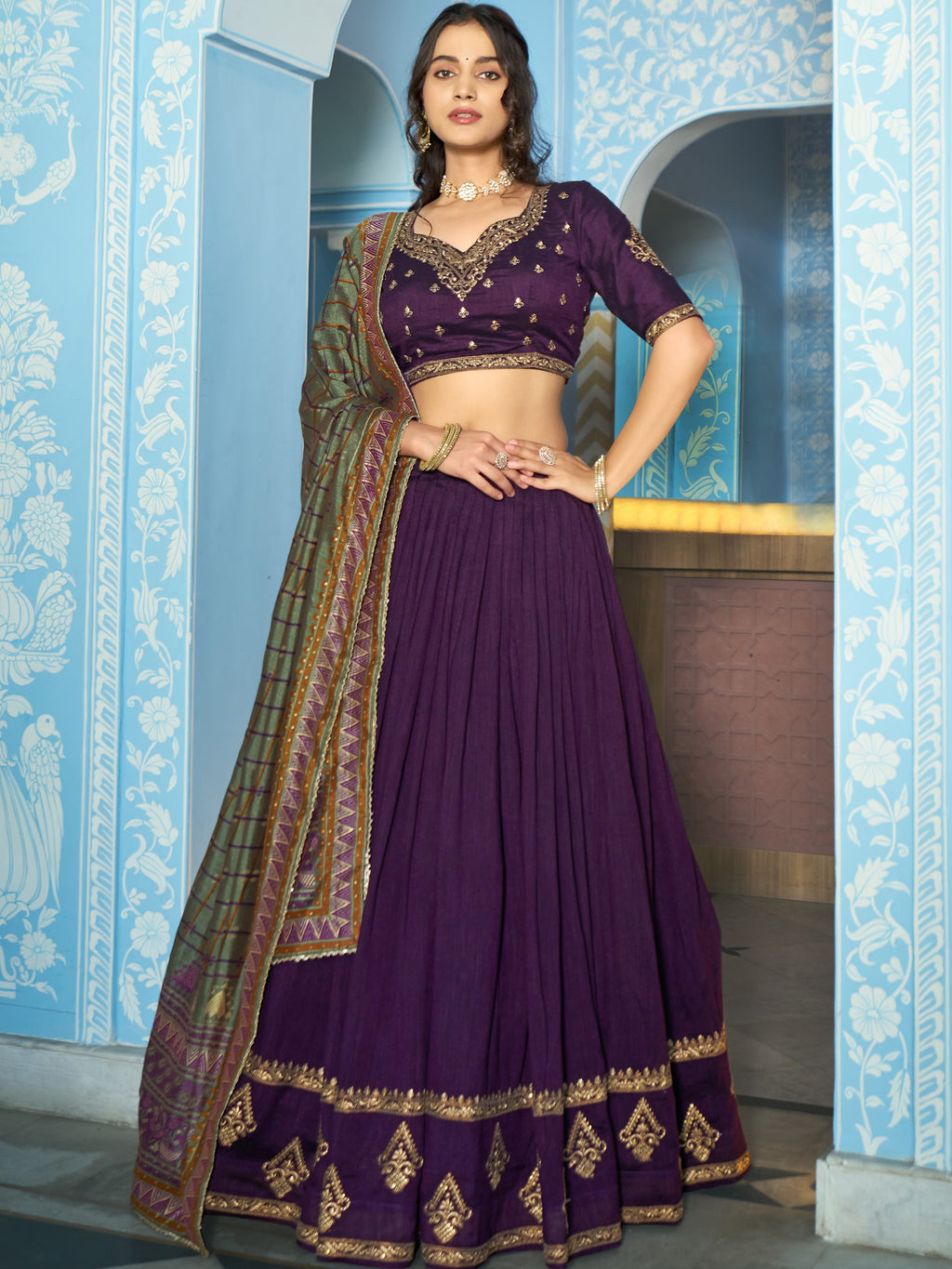Vichitra Silk Thread Embroidered Lehenga With Dupatta