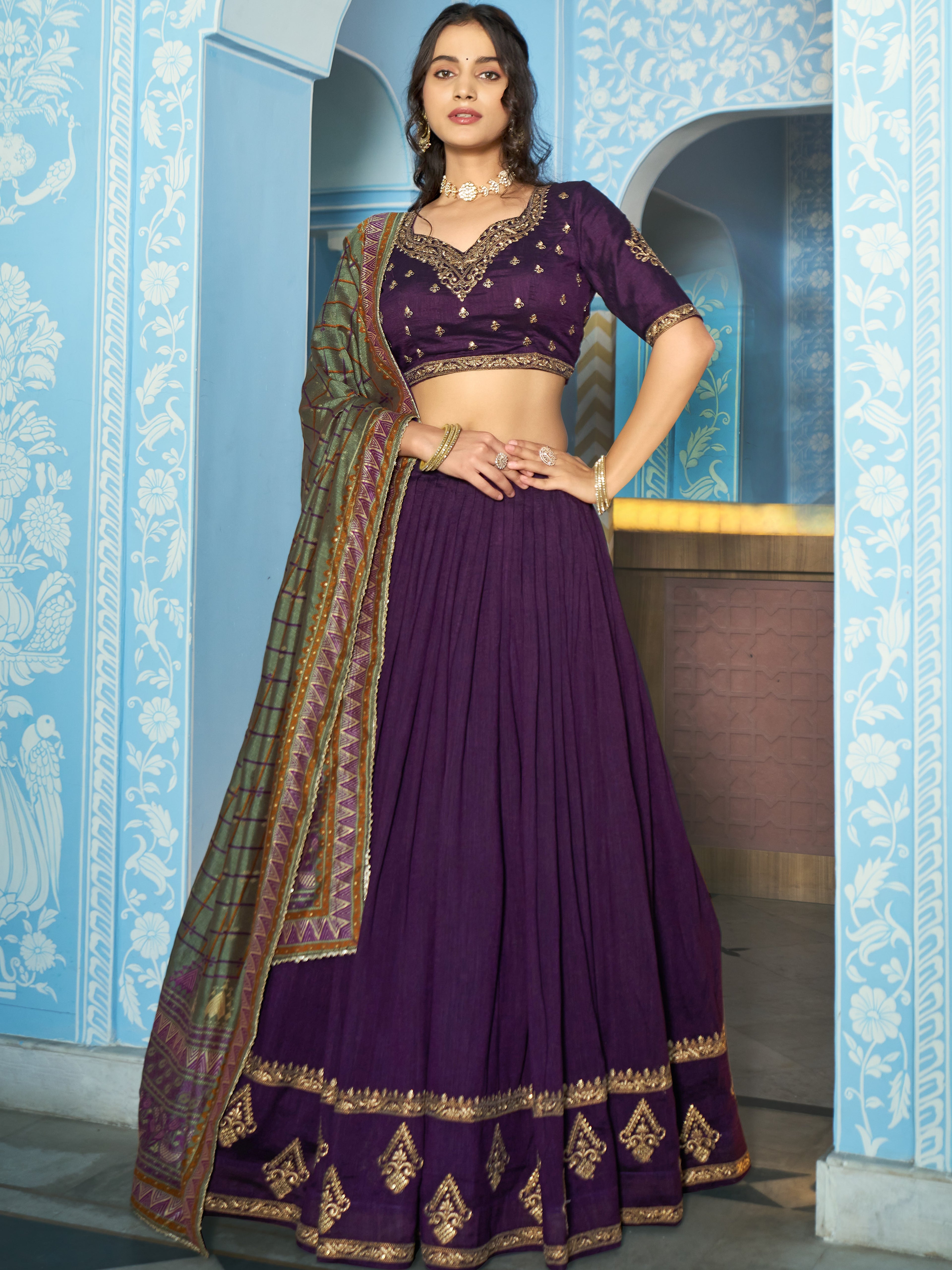 Vichitra Silk Thread Embroidered Lehenga With Dupatta