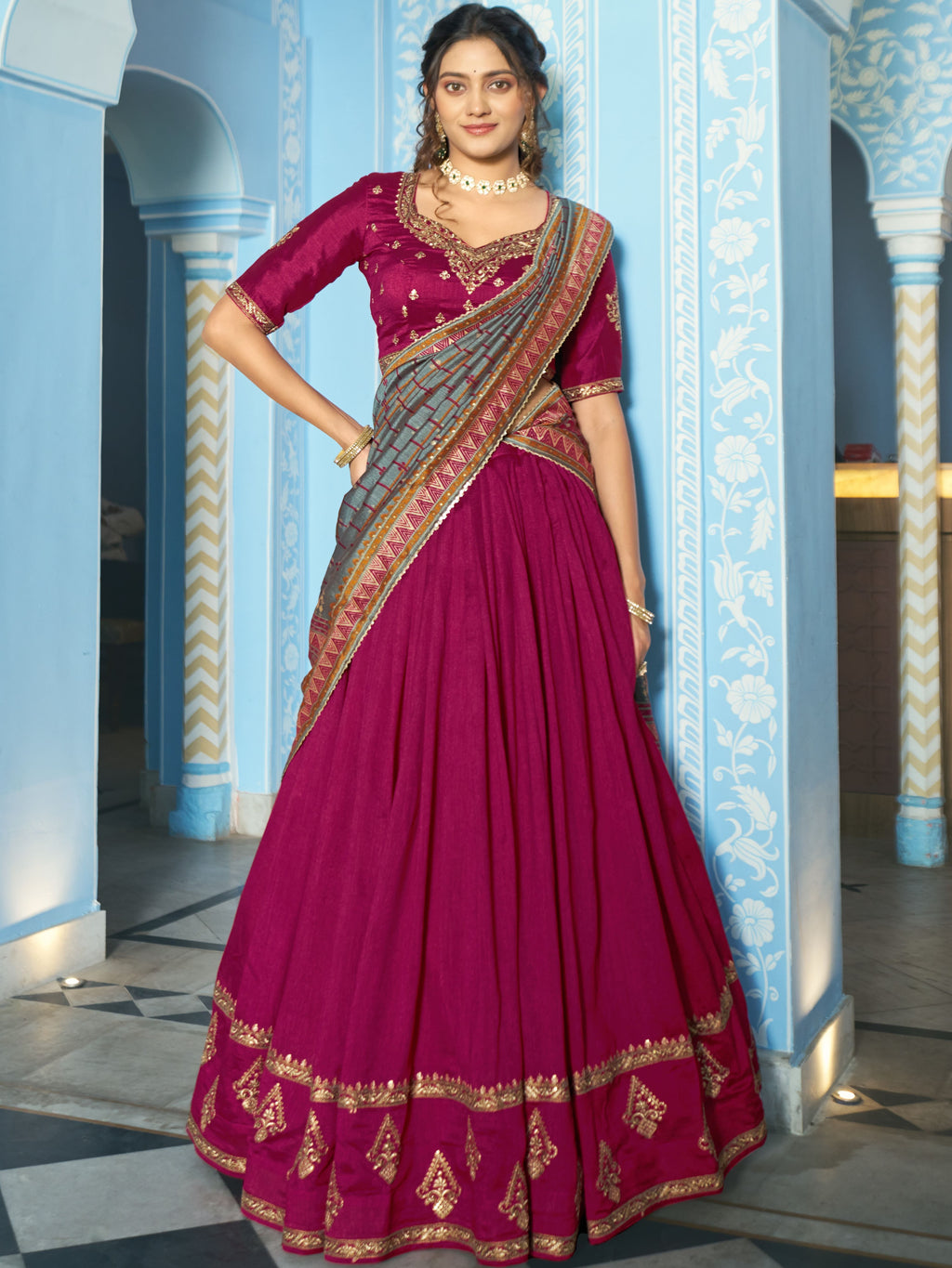 Vichitra Silk Thread Embroidered Lehenga With Dupatta