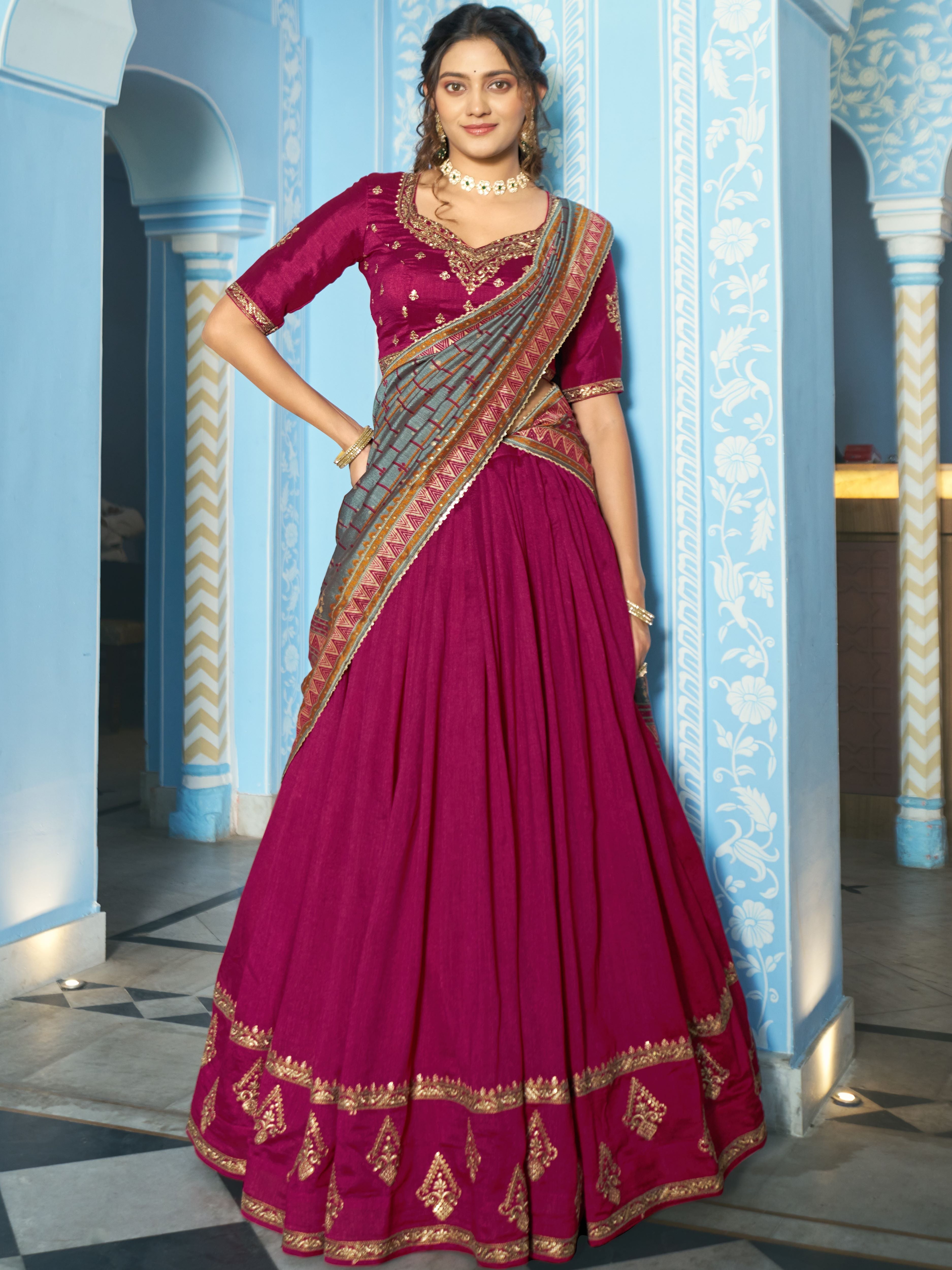 Vichitra Silk Thread Embroidered Lehenga With Dupatta