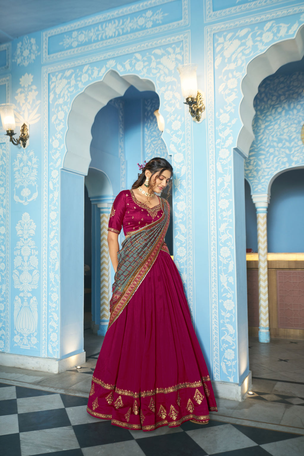 Vichitra Silk Thread Embroidered Lehenga With Dupatta