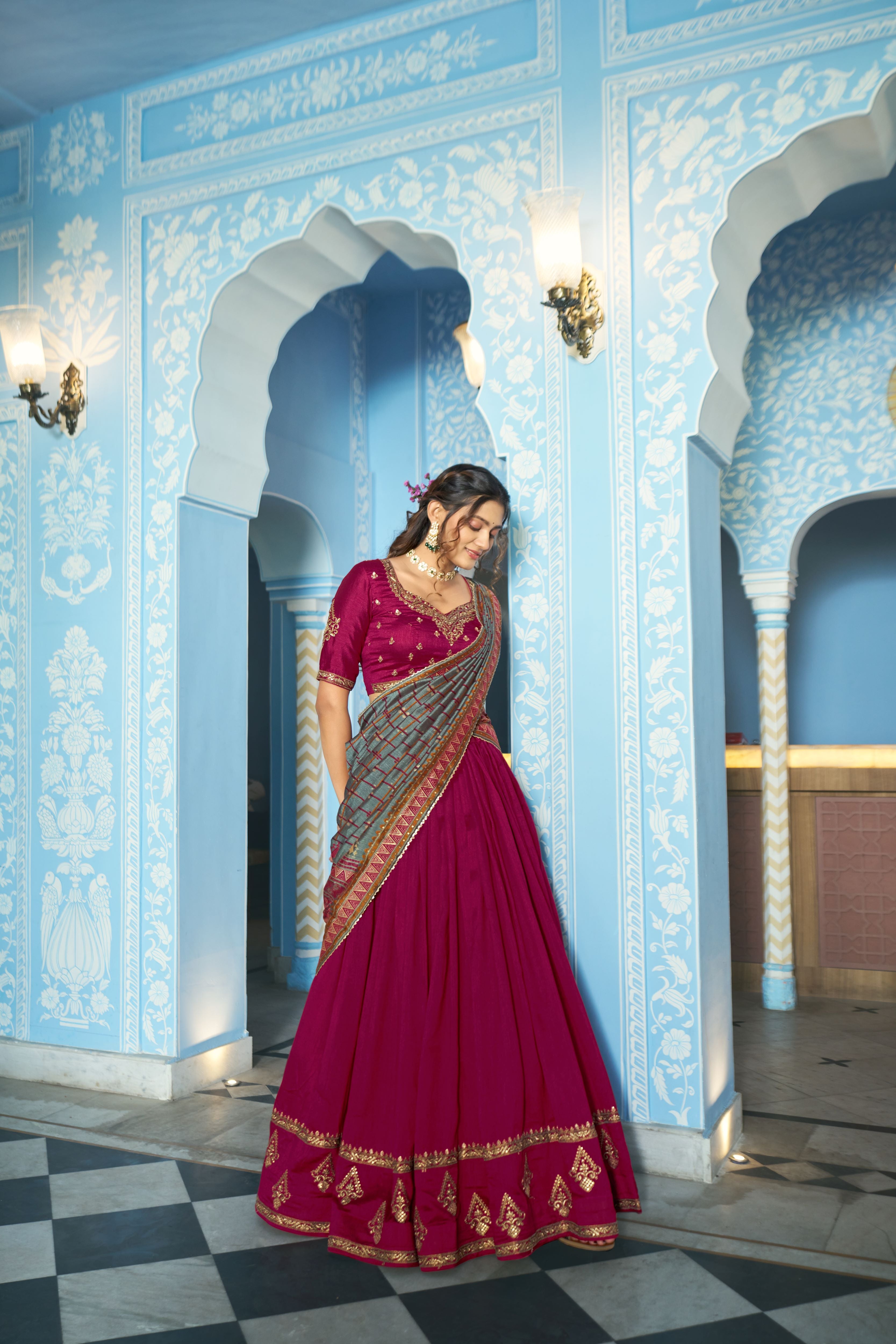 Vichitra Silk Thread Embroidered Lehenga With Dupatta