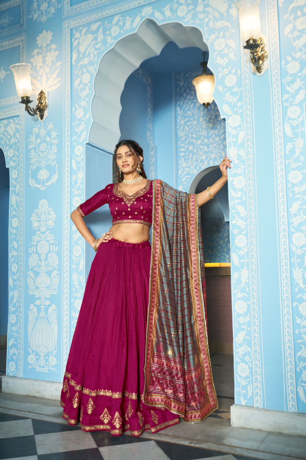 Vichitra Silk Thread Embroidered Lehenga With Dupatta