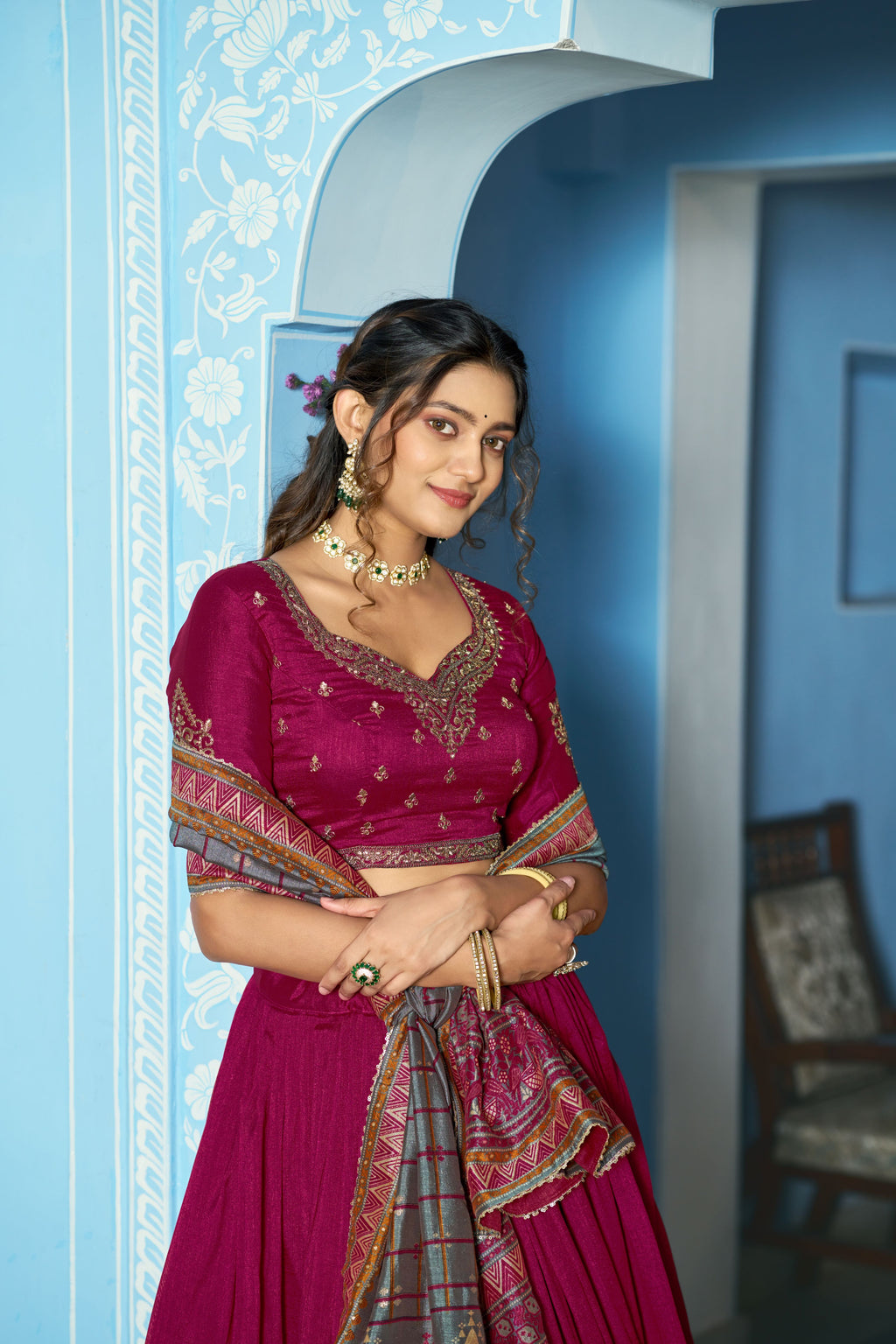 Vichitra Silk Thread Embroidered Lehenga With Dupatta